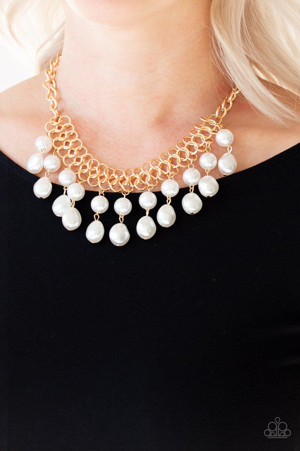 5th Avenue Fleek Gold and White Pearl Necklace - Paparazzi Accessories-CarasShop.com - $5 Jewelry by Cara Jewels