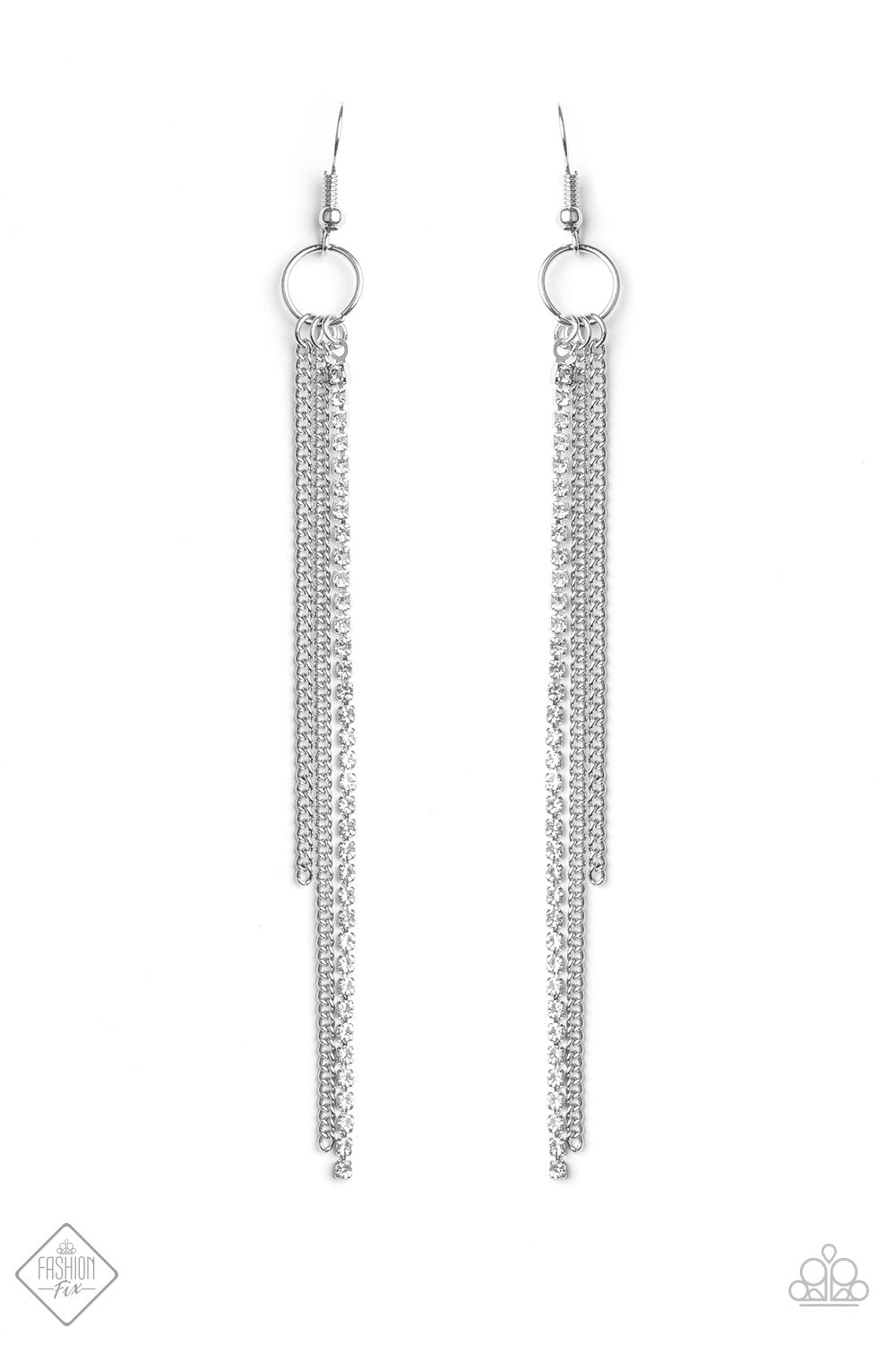 7 Days a SLEEK Silver and White Rhinestone Chain Earrings - Paparazzi Accessories-CarasShop.com - $5 Jewelry by Cara Jewels