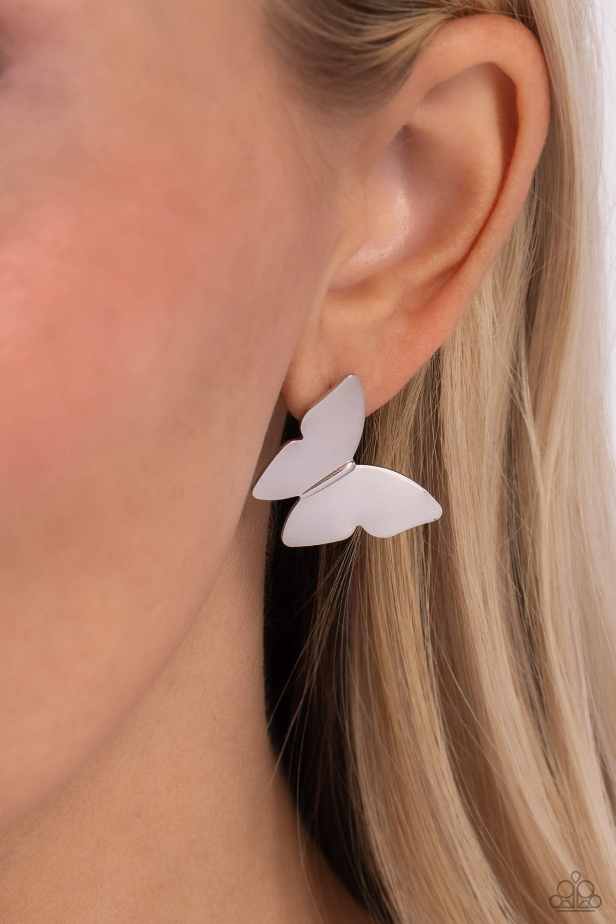 Butterfly Beholder Silver Post Earrings - Paparazzi Accessories