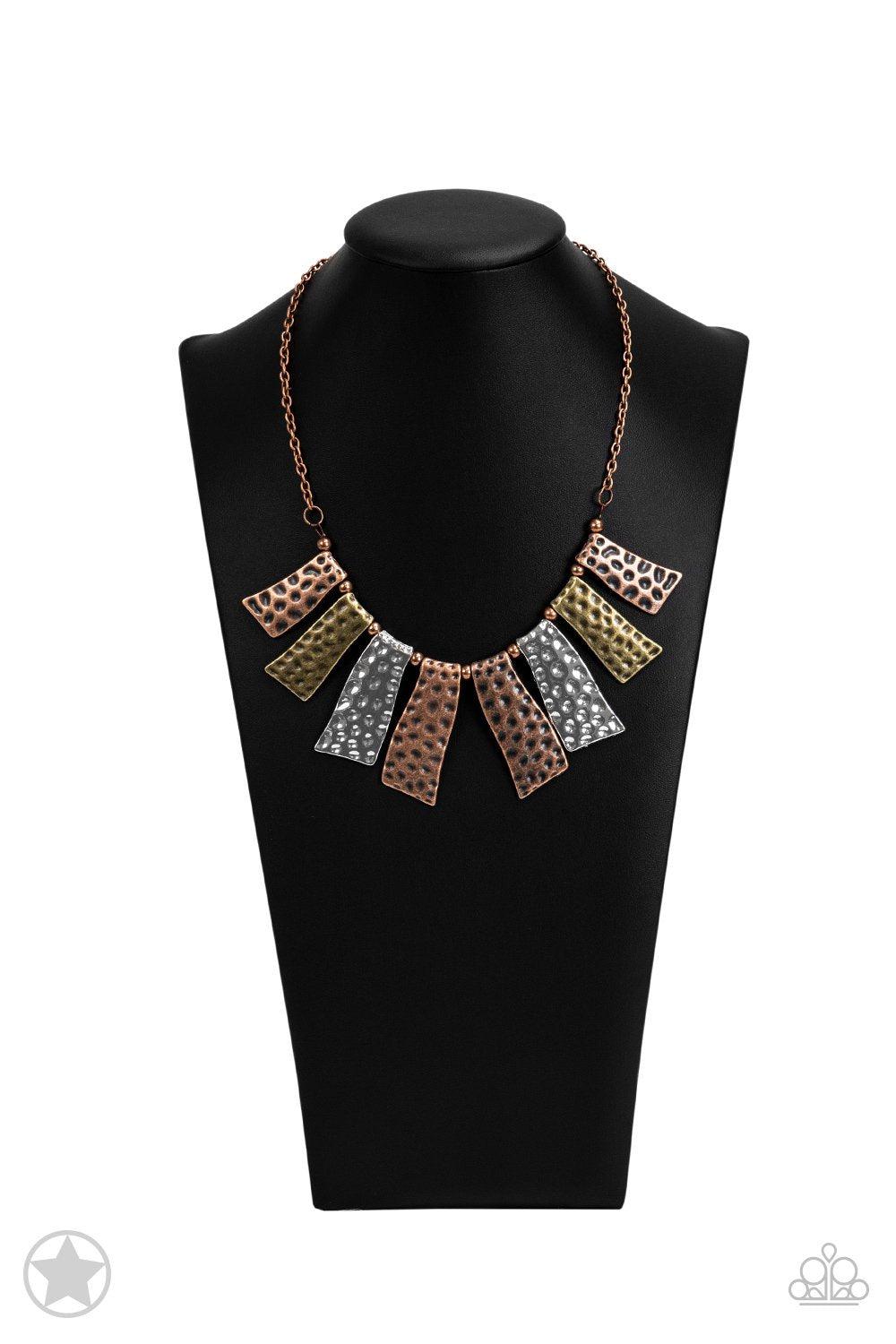 A Fan of the Tribe Copper, Silver and Brass Necklace and matching Earrings - Paparazzi Accessories- on bust -CarasShop.com - $5 Jewelry by Cara Jewels