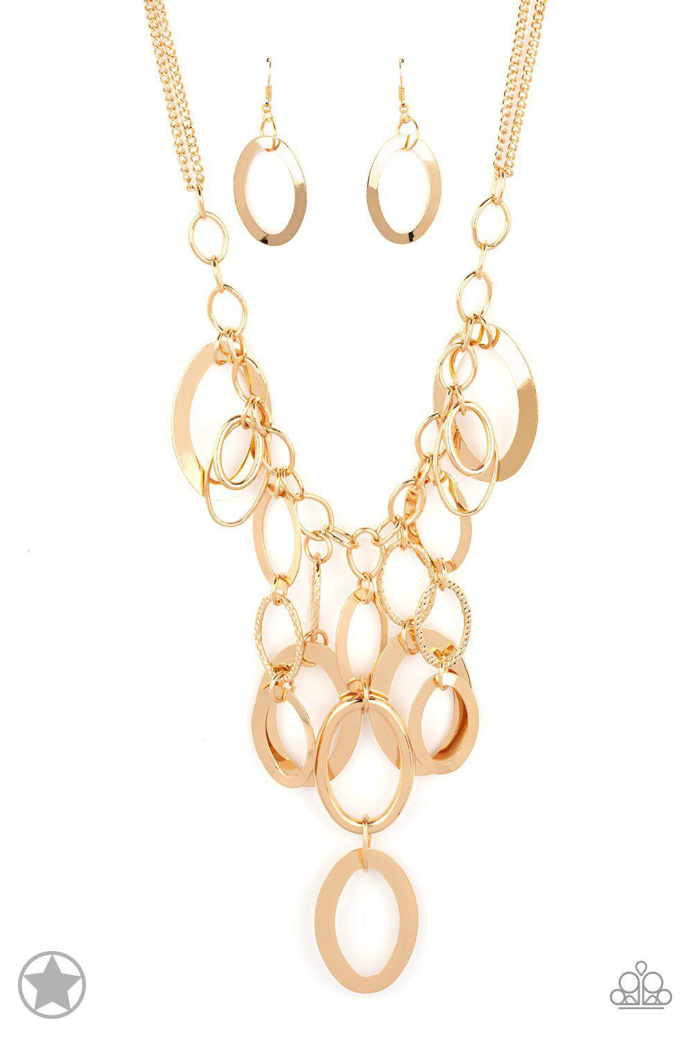 A Golden Spell Gold Necklace and matching Earrings - Paparazzi Accessories - lightbox -CarasShop.com - $5 Jewelry by Cara Jewels