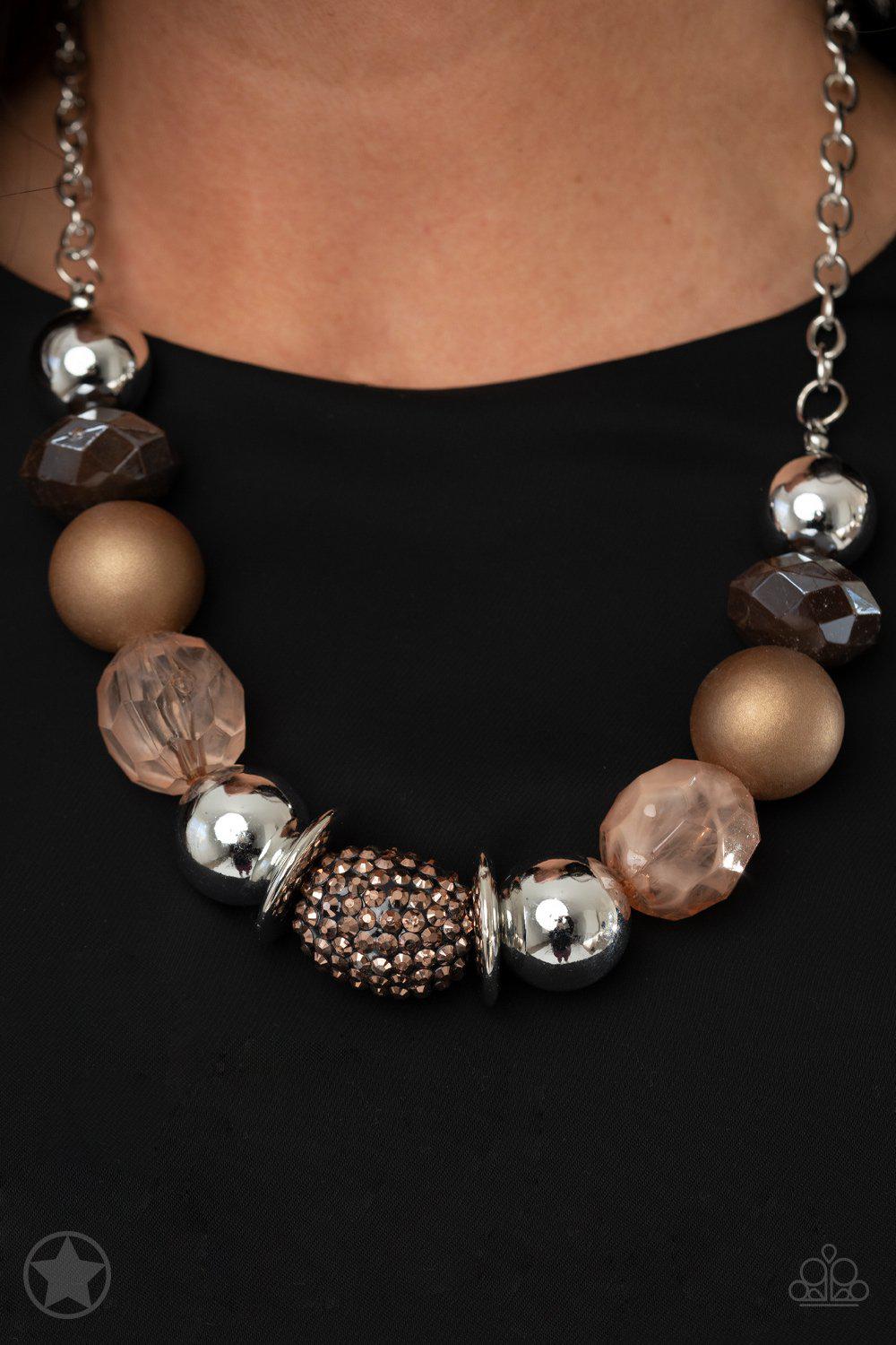 A Warm Welcome Copper Bead Necklace and matching Earrings - Paparazzi Accessories - model -CarasShop.com - $5 Jewelry by Cara Jewels