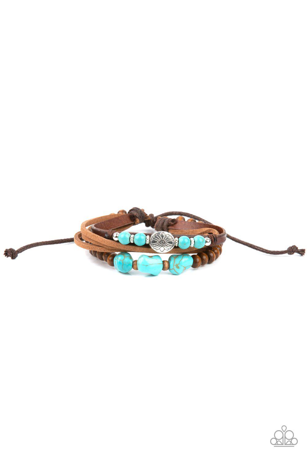 Act Natural Turquoise Blue Stone and Brown Leather Urban Sliding Knot Bracelet - Paparazzi Accessories- lightbox - CarasShop.com - $5 Jewelry by Cara Jewels