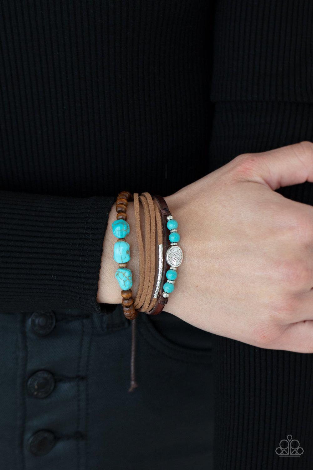 Act Natural Turquoise Blue Stone and Brown Leather Urban Sliding Knot Bracelet - Paparazzi Accessories- model - CarasShop.com - $5 Jewelry by Cara Jewels