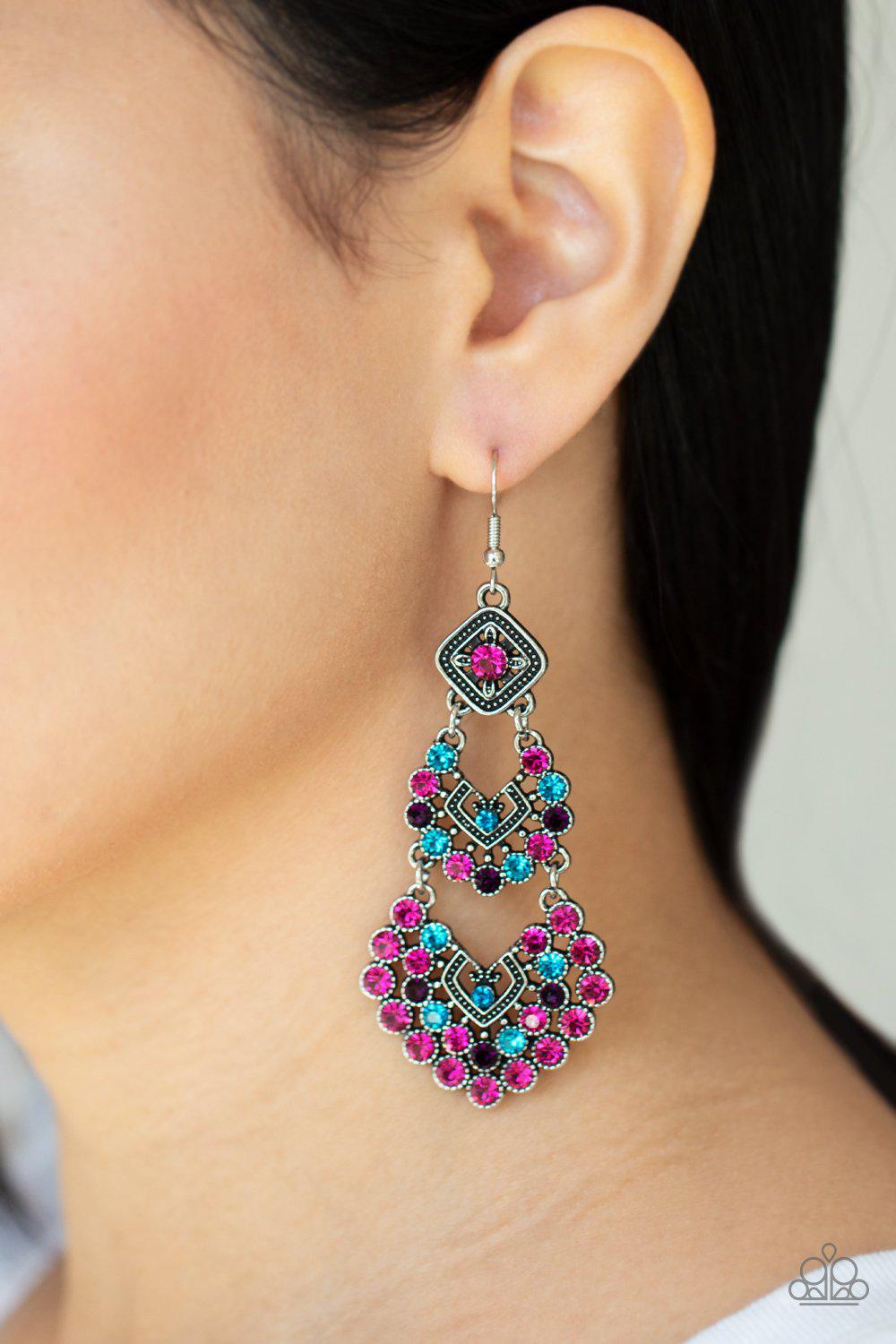 All For The GLAM Multi Pink and Blue Rhinestone Earrings - Paparazzi Accessories- model - CarasShop.com - $5 Jewelry by Cara Jewels