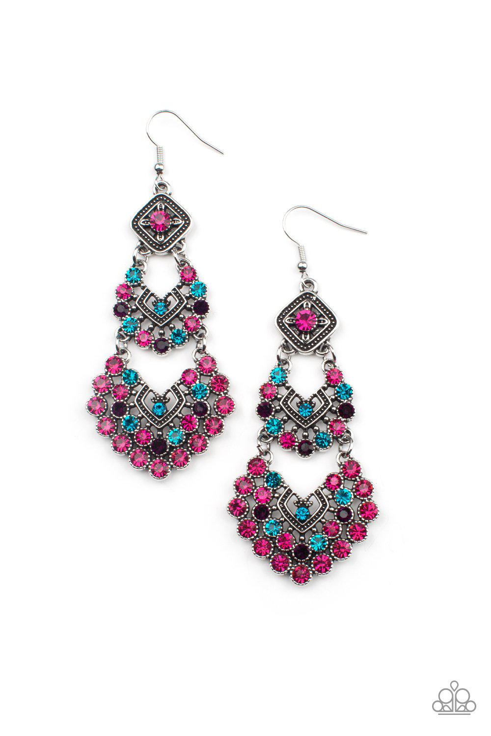 All For The GLAM Multi Pink and Blue Rhinestone Earrings - Paparazzi Accessories- model - CarasShop.com - $5 Jewelry by Cara Jewels