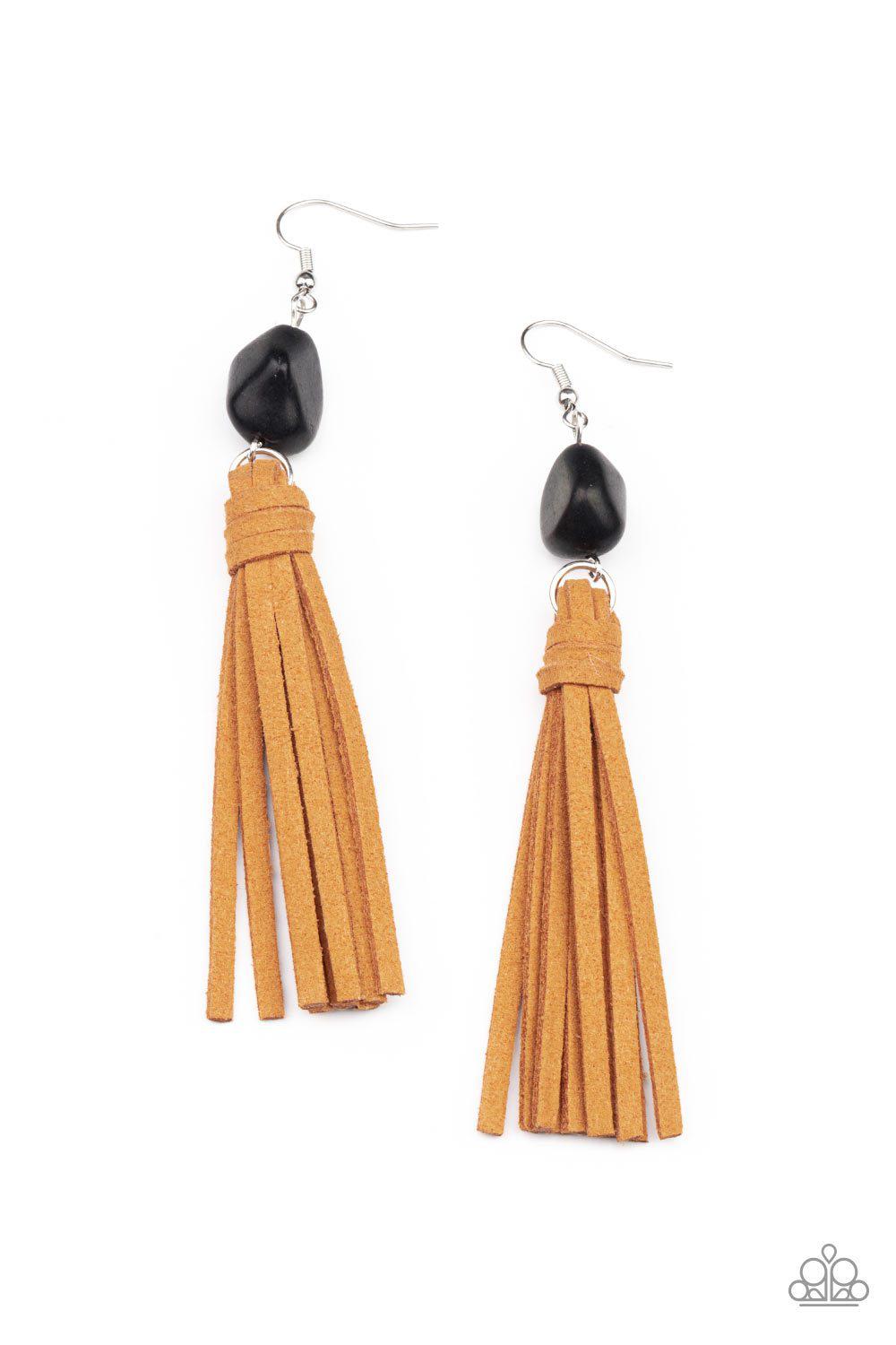 All-Natural Allure Black Stone and Suede Tassel Earrings - Paparazzi Accessories- lightbox - CarasShop.com - $5 Jewelry by Cara Jewels