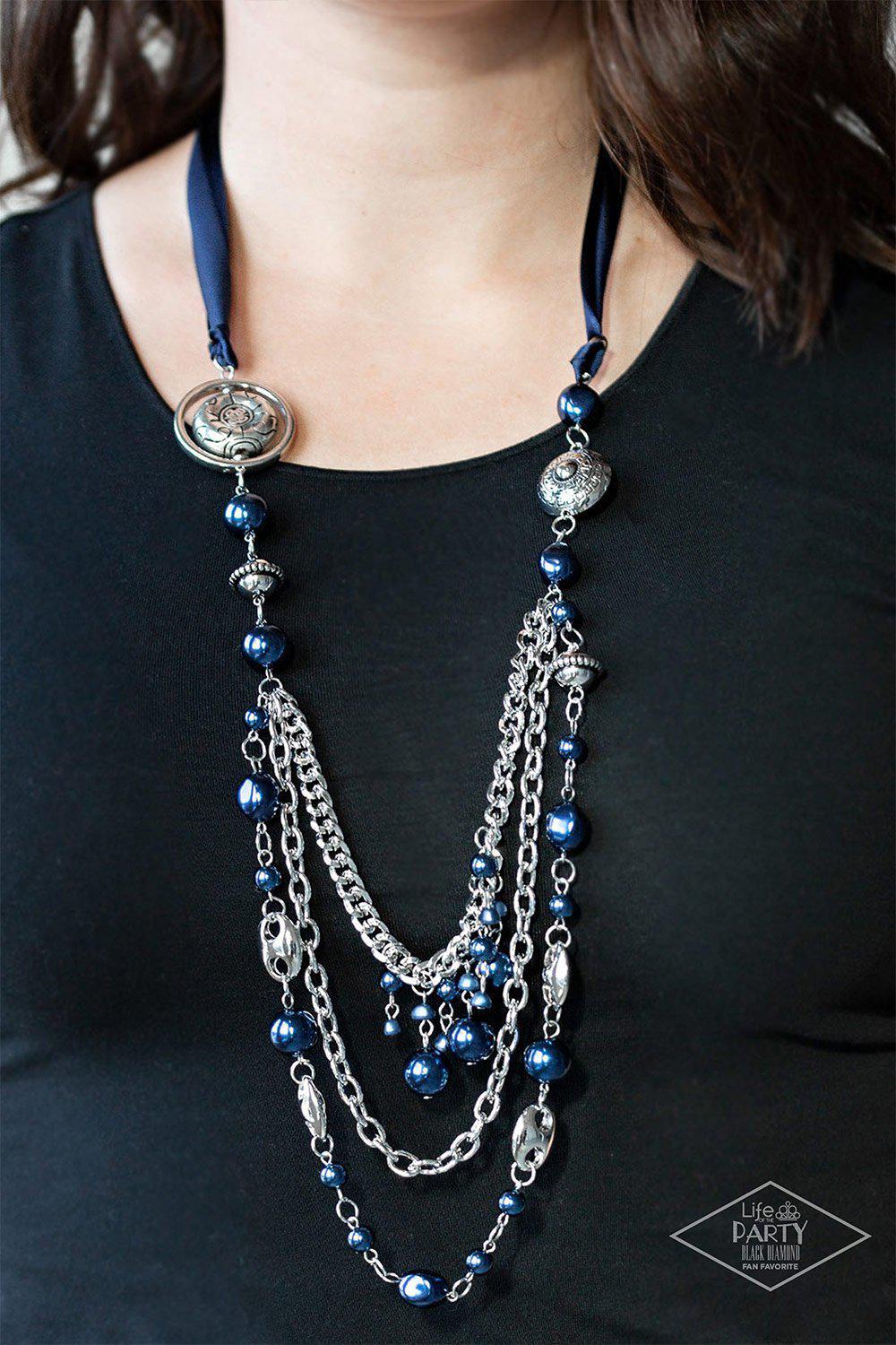 All The Trimmings Dark Blue Ribbon Necklace - Paparazzi Accessories - model -CarasShop.com - $5 Jewelry by Cara Jewels