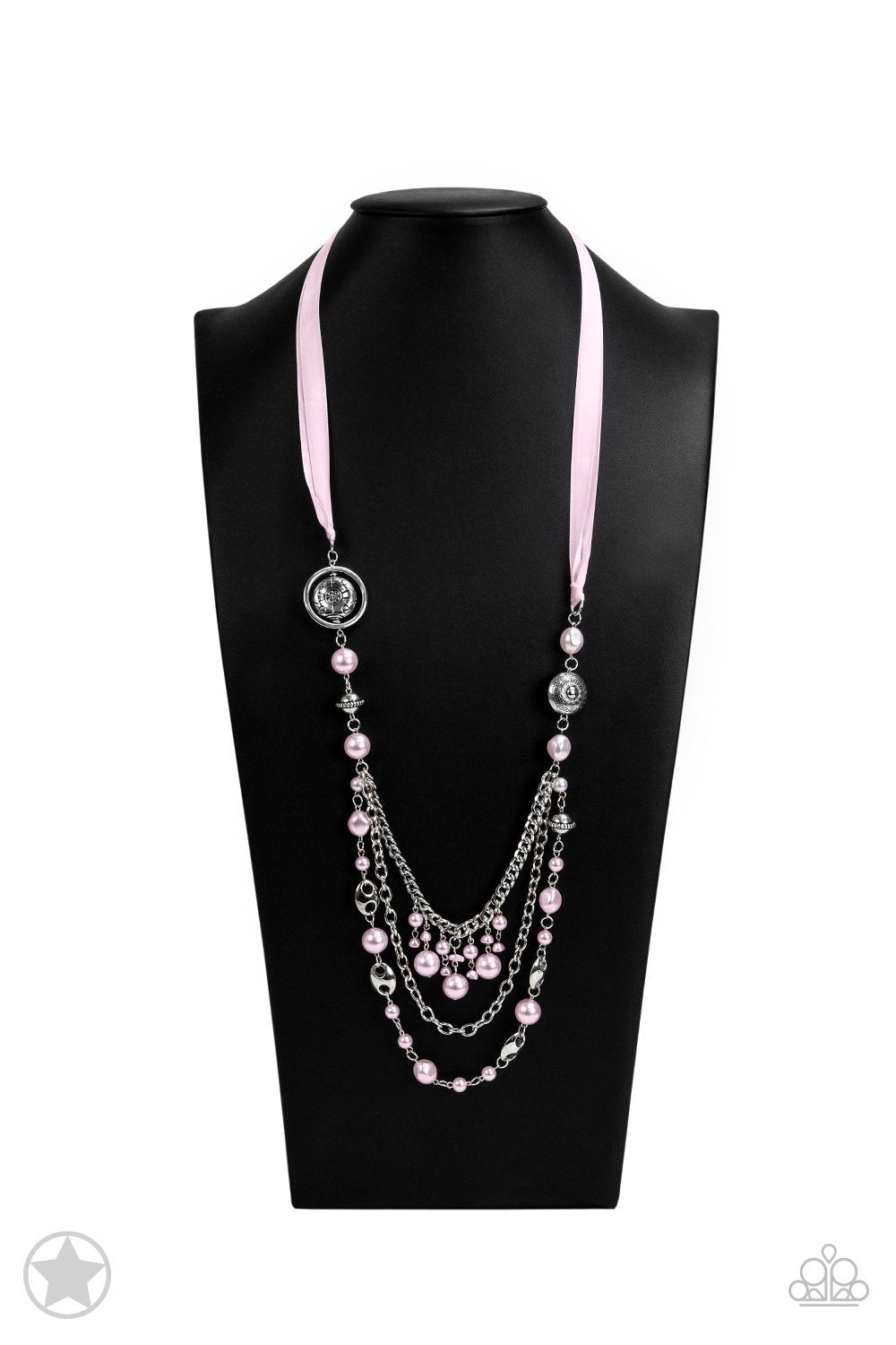 All The Trimmings Pink Ribbon Necklace - Paparazzi Accessories- on bust -CarasShop.com - $5 Jewelry by Cara Jewels