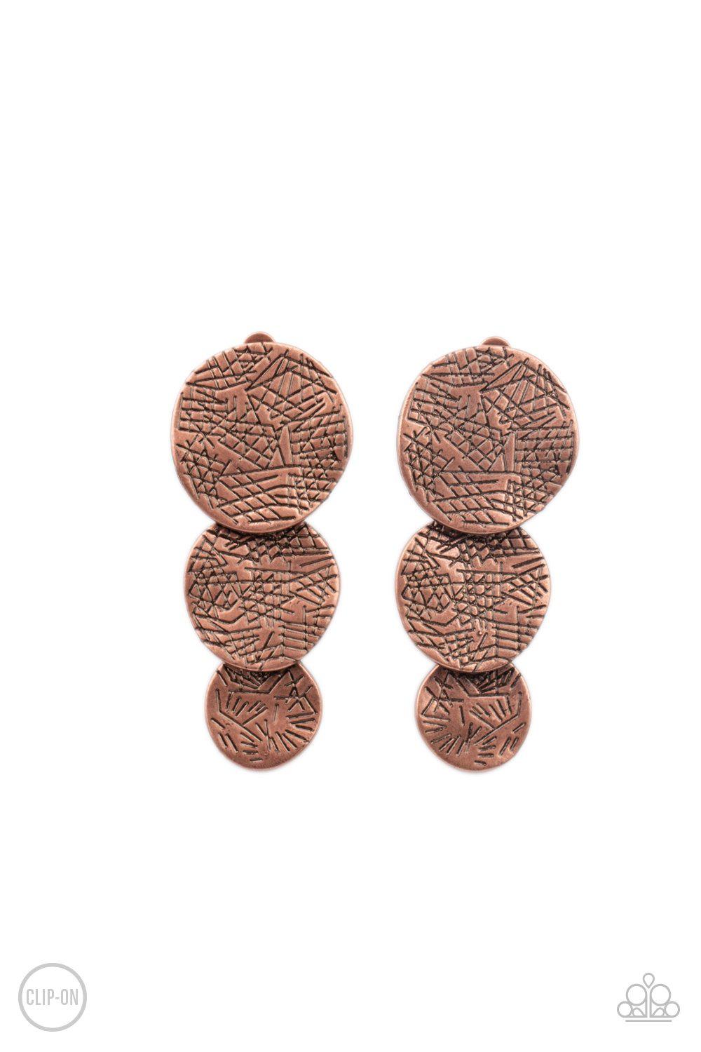 Ancient Antiquity Copper Clip-On Earrings - Paparazzi Accessories- lightbox - CarasShop.com - $5 Jewelry by Cara Jewels