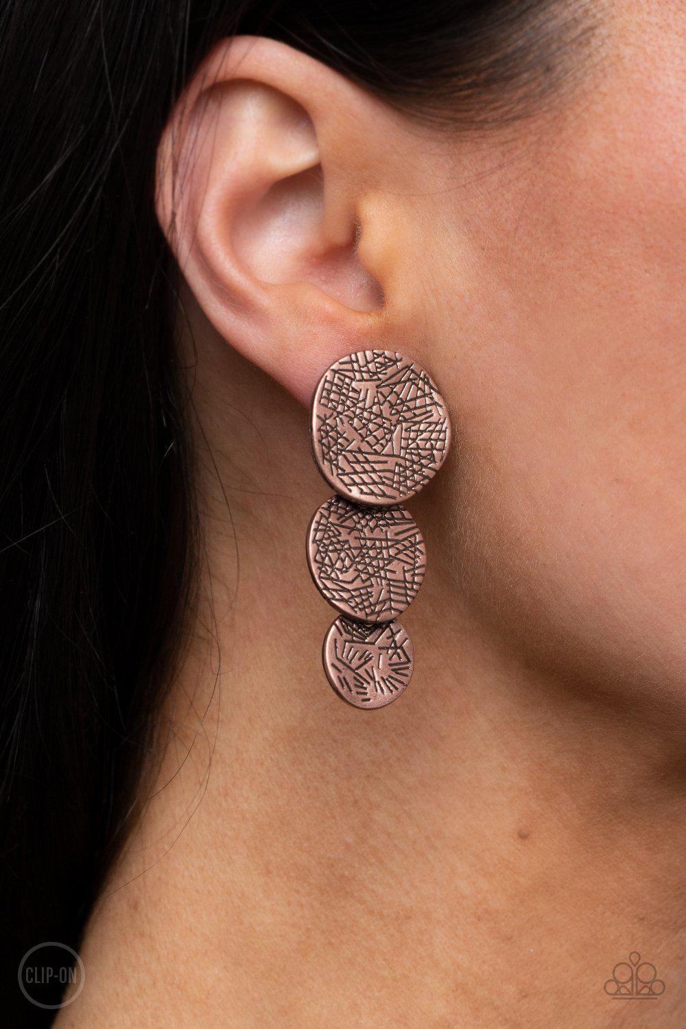 Ancient Antiquity Copper Clip-On Earrings - Paparazzi Accessories- lightbox - CarasShop.com - $5 Jewelry by Cara Jewels