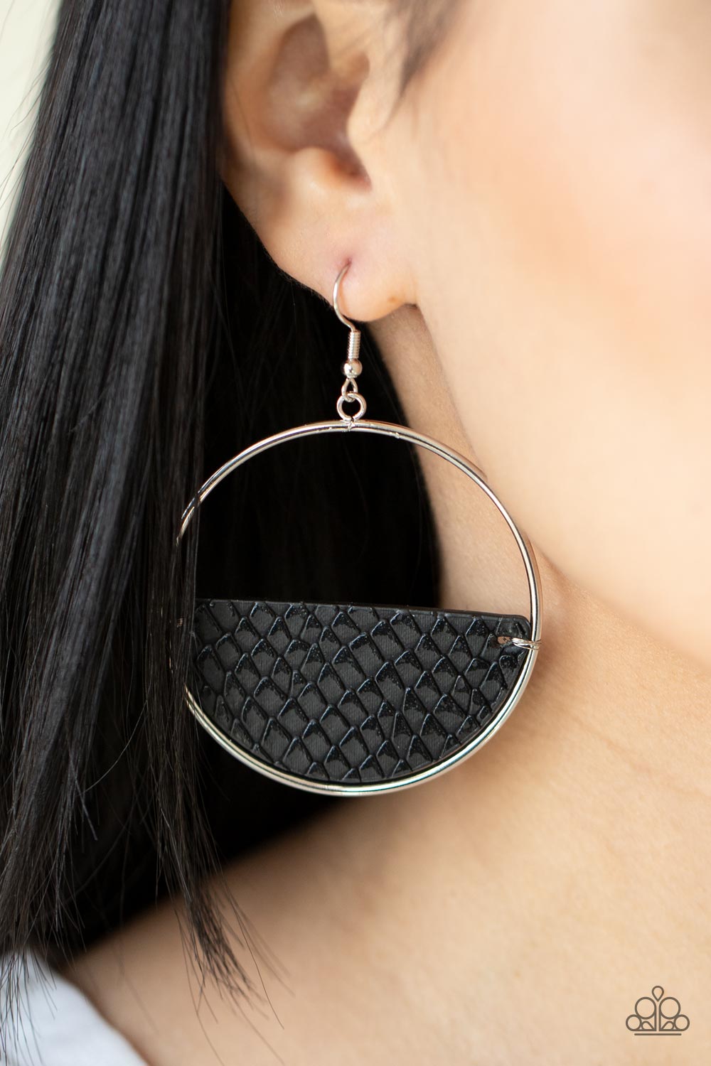 Animal Aesthetic Black Leather Python Print Earrings - Paparazzi Accessories - lightbox -CarasShop.com - $5 Jewelry by Cara Jewels