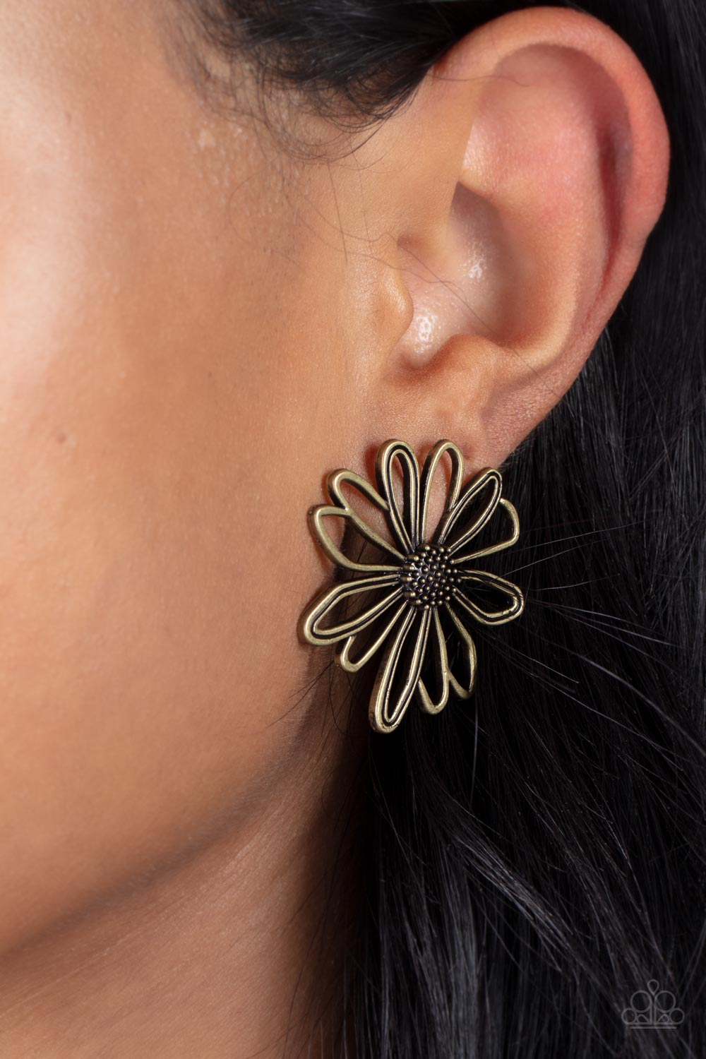Artisan Arbor Brass Daisy Post Earrings - Paparazzi Accessories - model -CarasShop.com - $5 Jewelry by Cara Jewels