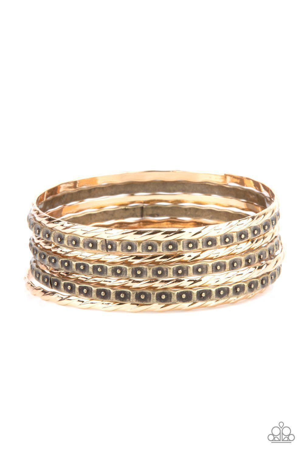 Back-To-Back Stacks Multi Gold and Brass Bangle Bracelet Set - Paparazzi Accessories - lightbox -CarasShop.com - $5 Jewelry by Cara Jewels