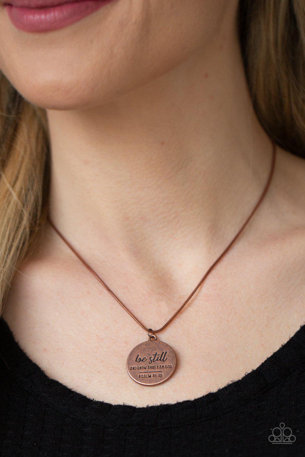 Be Still Copper Inspirational Necklace - Paparazzi Accessories - model -CarasShop.com - $5 Jewelry by Cara Jewels