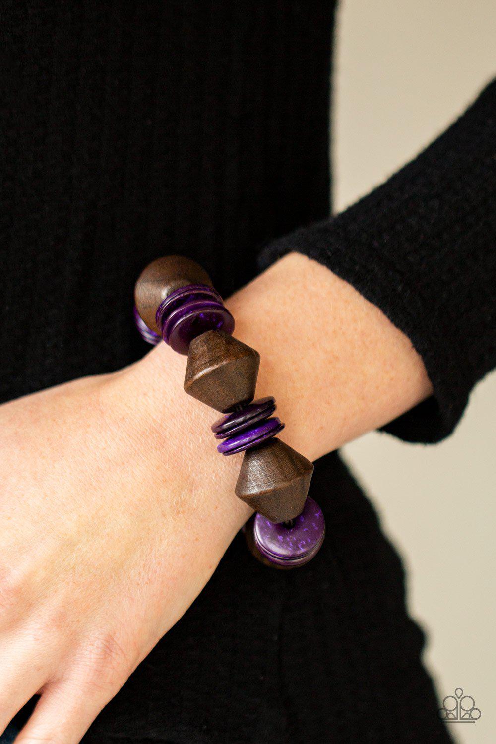 Bermuda Boardwalk Purple and Brown Wood Bracelet - Paparazzi Accessories- model - CarasShop.com - $5 Jewelry by Cara Jewels