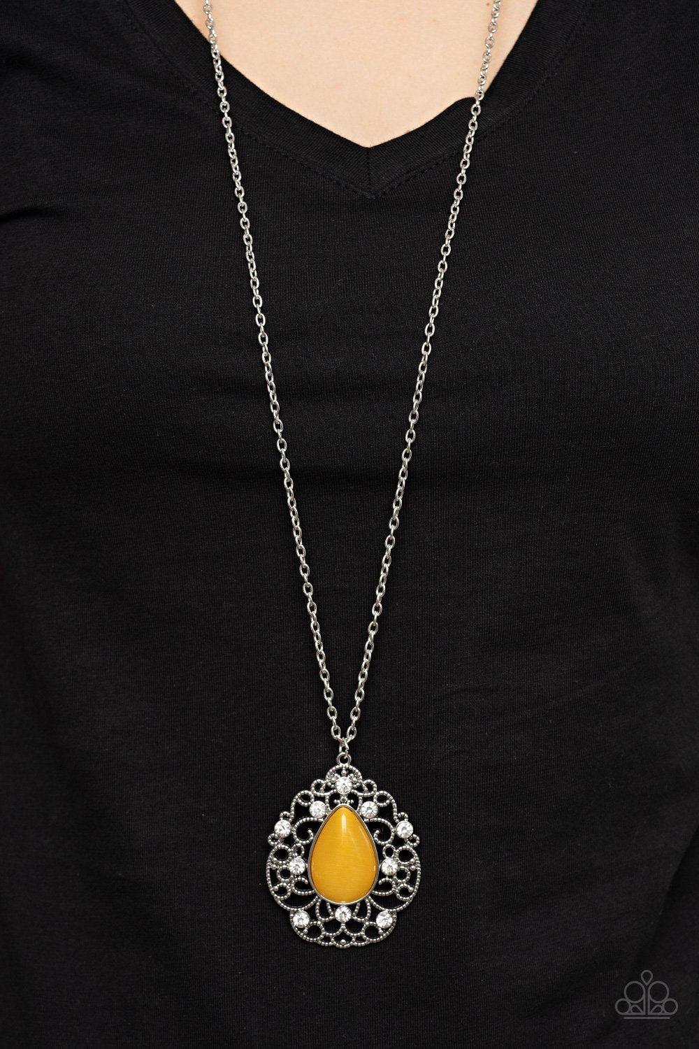 Bewitched Beam Yellow Cat&#39;s Eye Stone Necklace - Paparazzi Accessories- model - CarasShop.com - $5 Jewelry by Cara Jewels