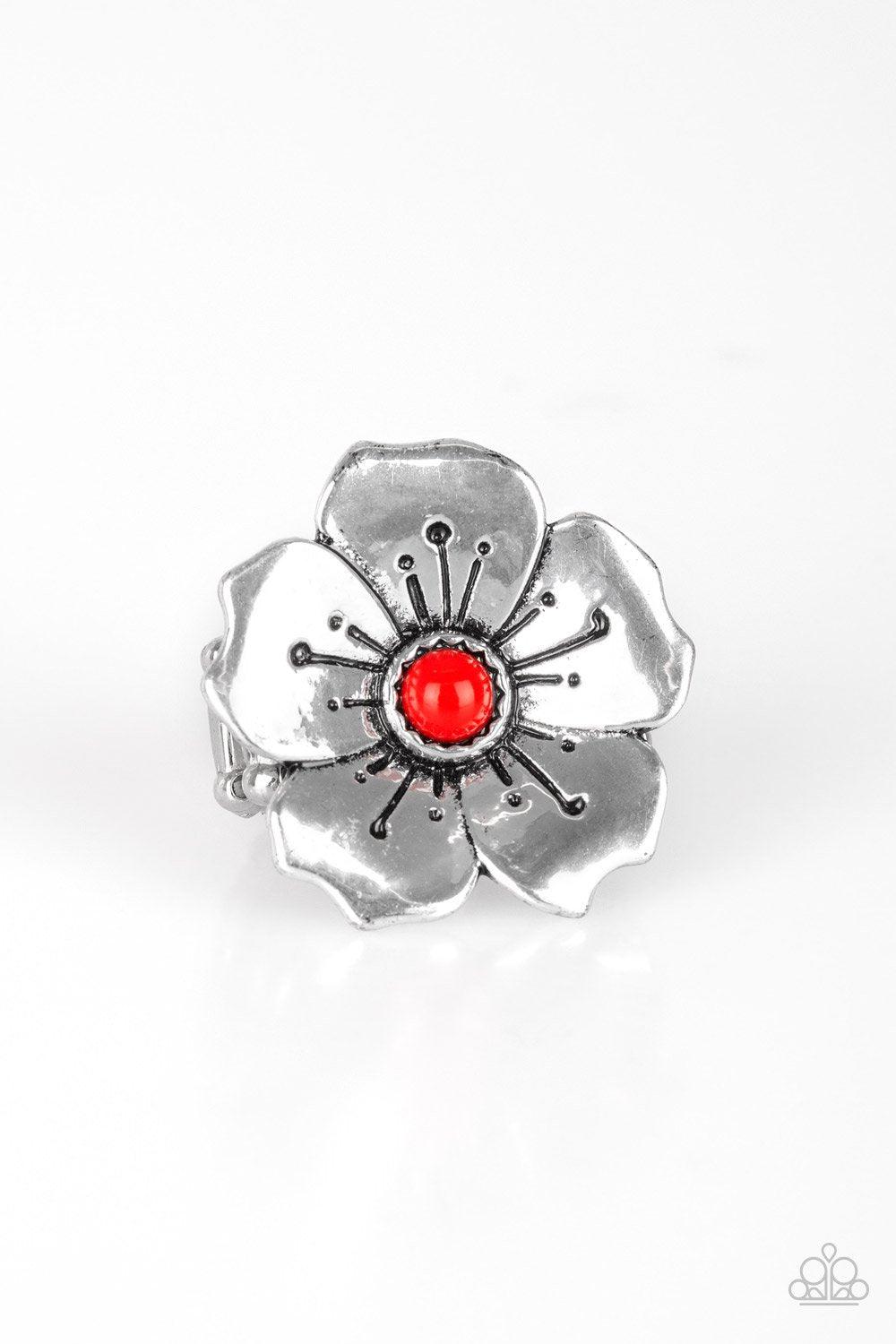 Boho Blossom Red and Silver Flower Ring - Paparazzi Accessories- lightbox - CarasShop.com - $5 Jewelry by Cara Jewels