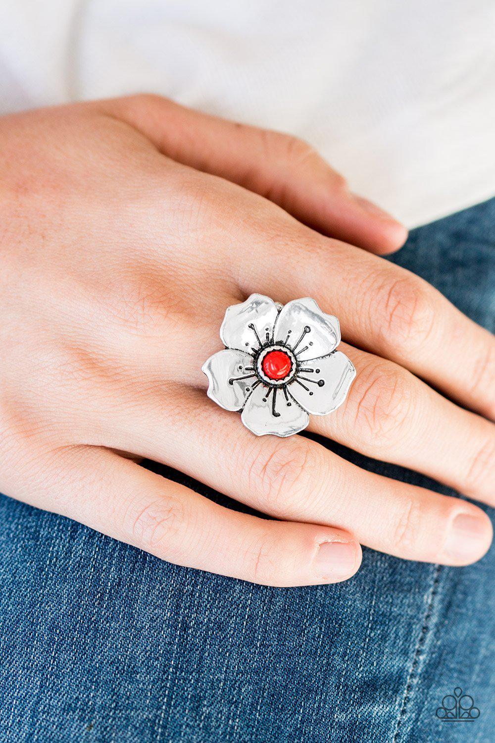 Boho Blossom Red and Silver Flower Ring - Paparazzi Accessories- lightbox - CarasShop.com - $5 Jewelry by Cara Jewels