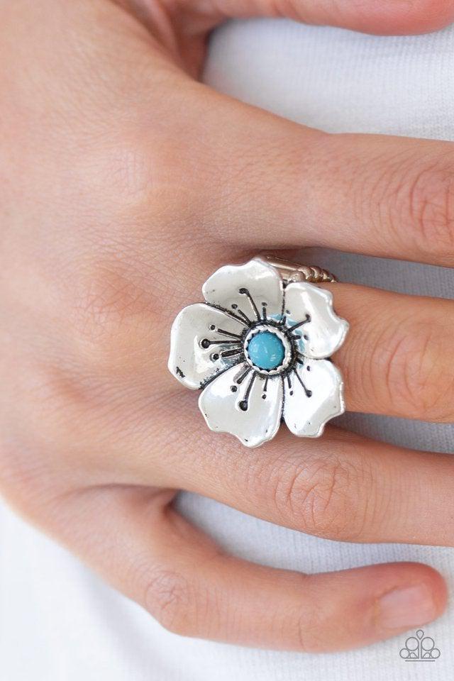 Boho Blossom Turquoise Blue Stone and Silver Flower Ring - Paparazzi Accessories- lightbox - CarasShop.com - $5 Jewelry by Cara Jewels