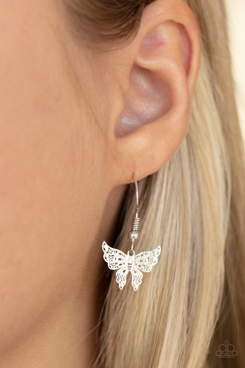 Bountiful Butterflies White and Silver Necklace - Paparazzi Accessories - free matching earrings - CarasShop.com - $5 Jewelry by Cara Jewels