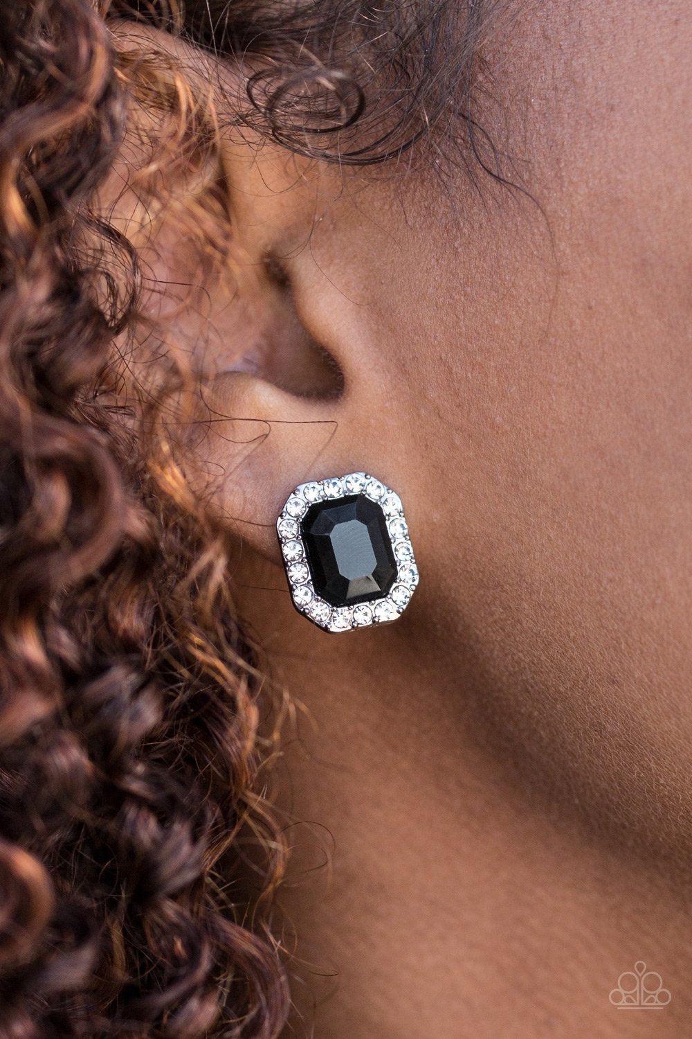 Bride Squad Black and White Rhinestone Post Earrings - Paparazzi Accessories- model - CarasShop.com - $5 Jewelry by Cara Jewels