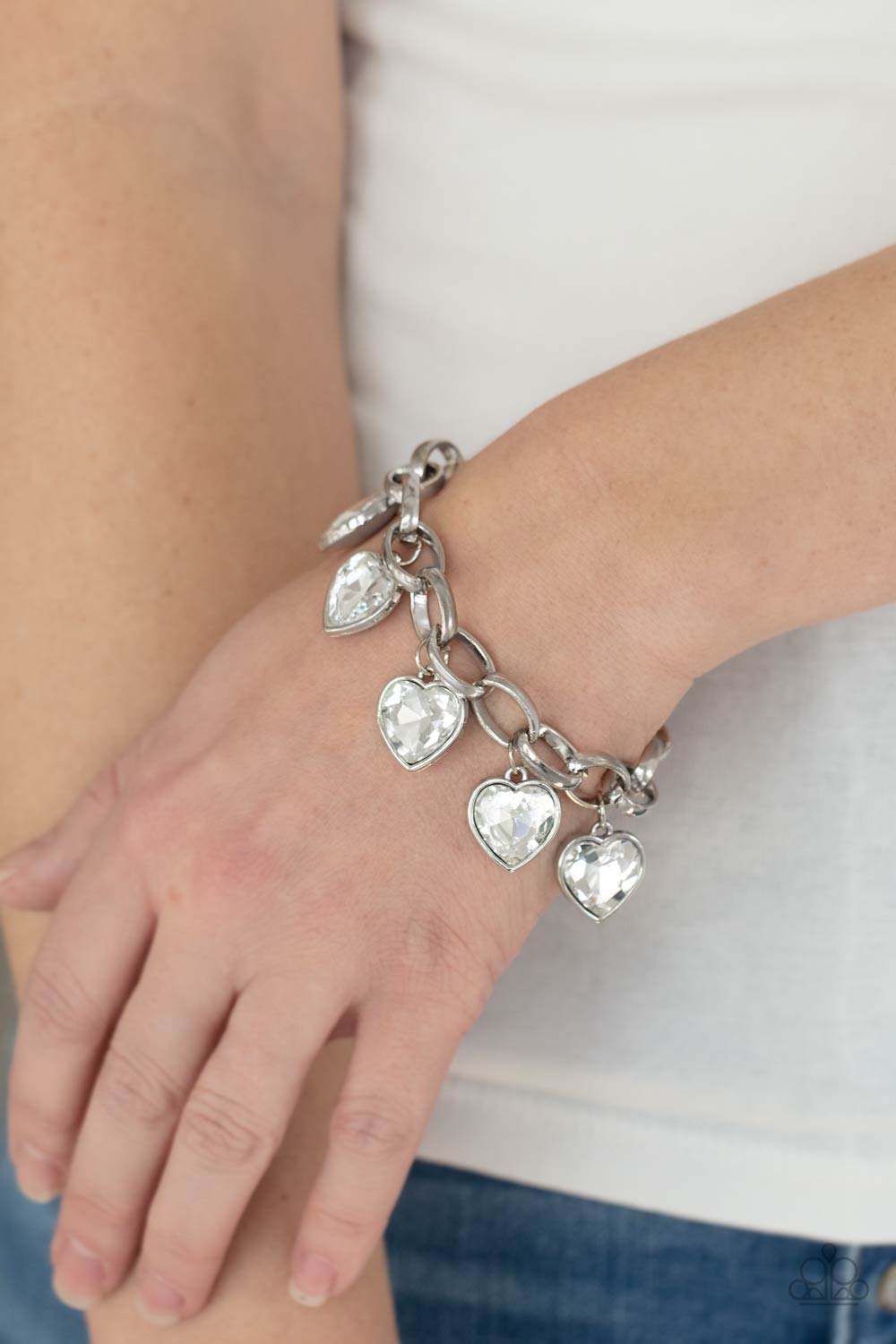 Candy Heart Charmer White Rhinestone Heart Charm Bracelet - Paparazzi Accessories - model -CarasShop.com - $5 Jewelry by Cara Jewels