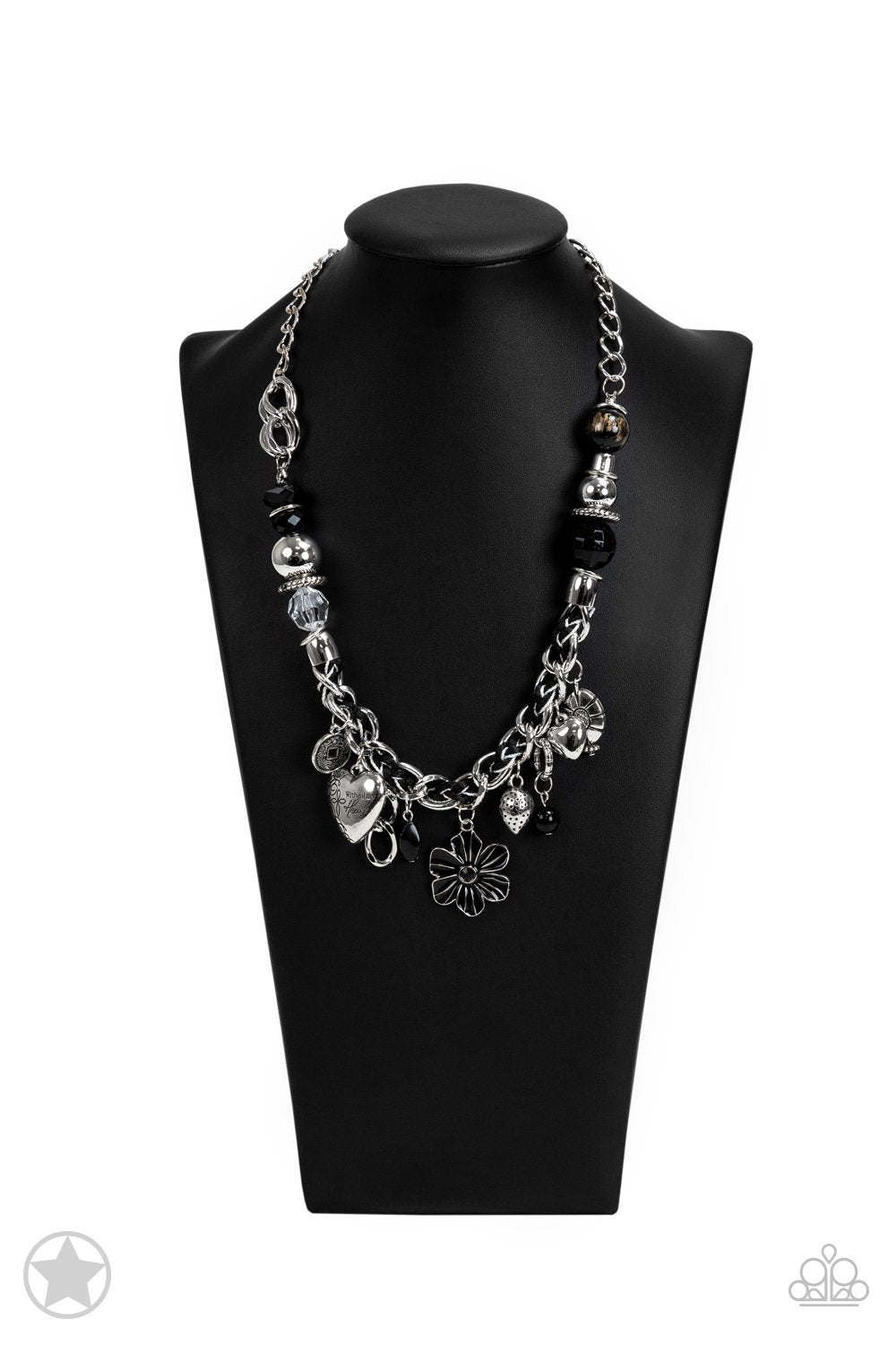Charmed, I&#39;m Sure Black Charm Necklace and matching Earrings - Paparazzi Accessories- on bust -CarasShop.com - $5 Jewelry by Cara Jewels