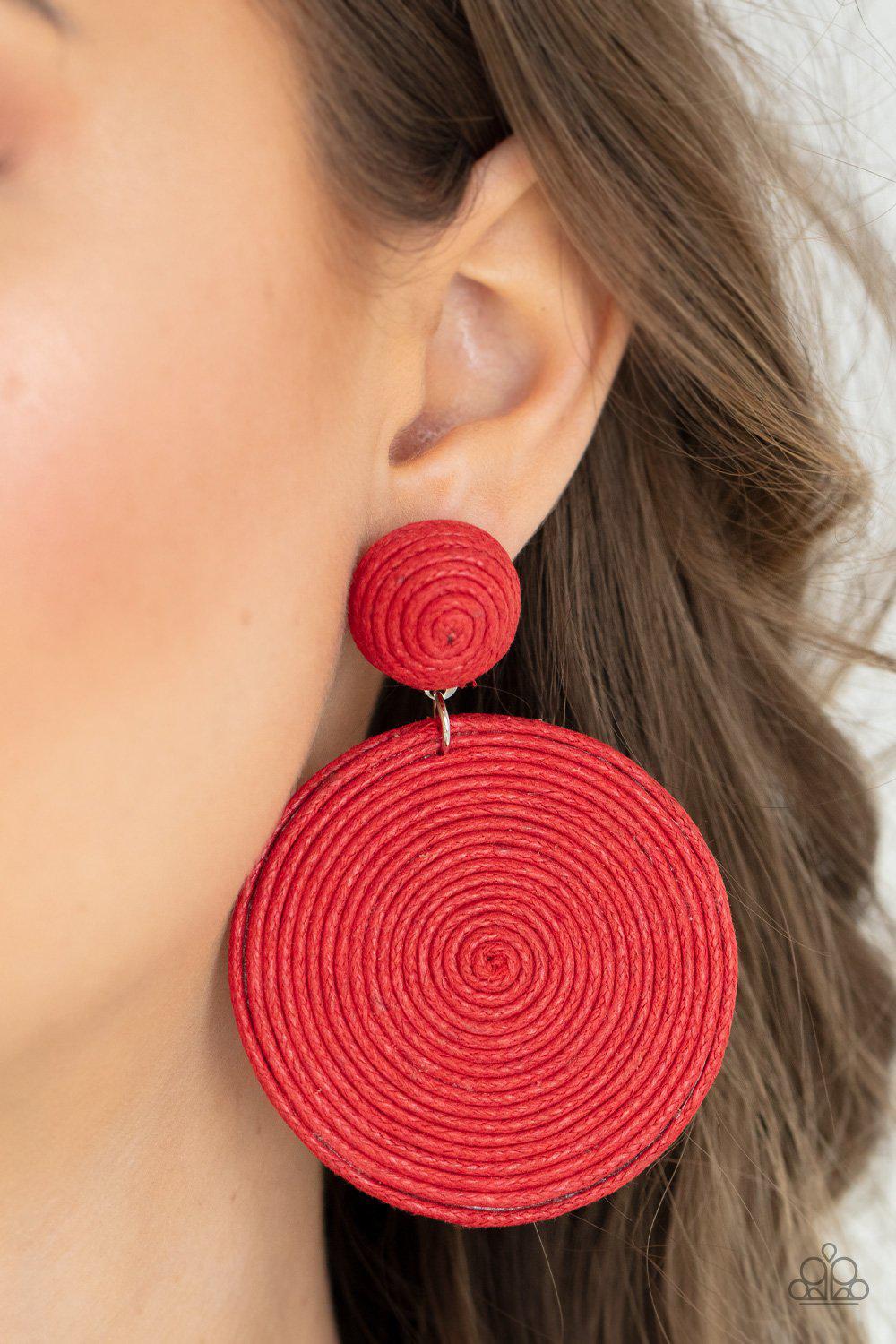 Circulate The Room Red Woven Post Earrings - Paparazzi Accessories- model - CarasShop.com - $5 Jewelry by Cara Jewels