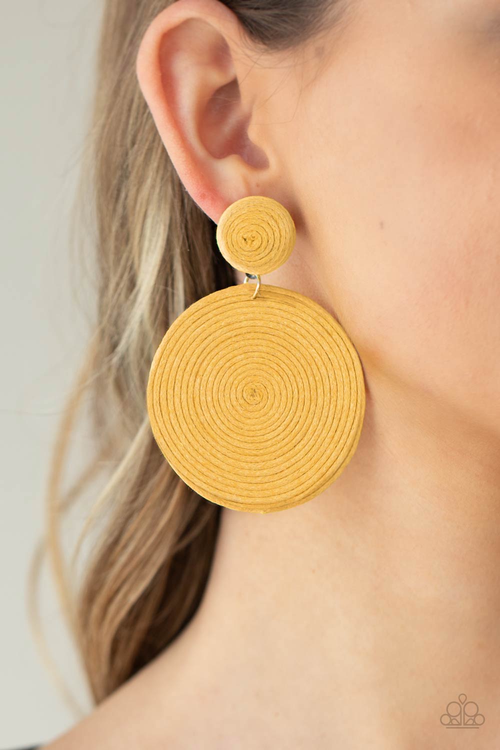 Circulate The Room Yellow Woven Post Earrings - Paparazzi Accessories- model - CarasShop.com - $5 Jewelry by Cara Jewels