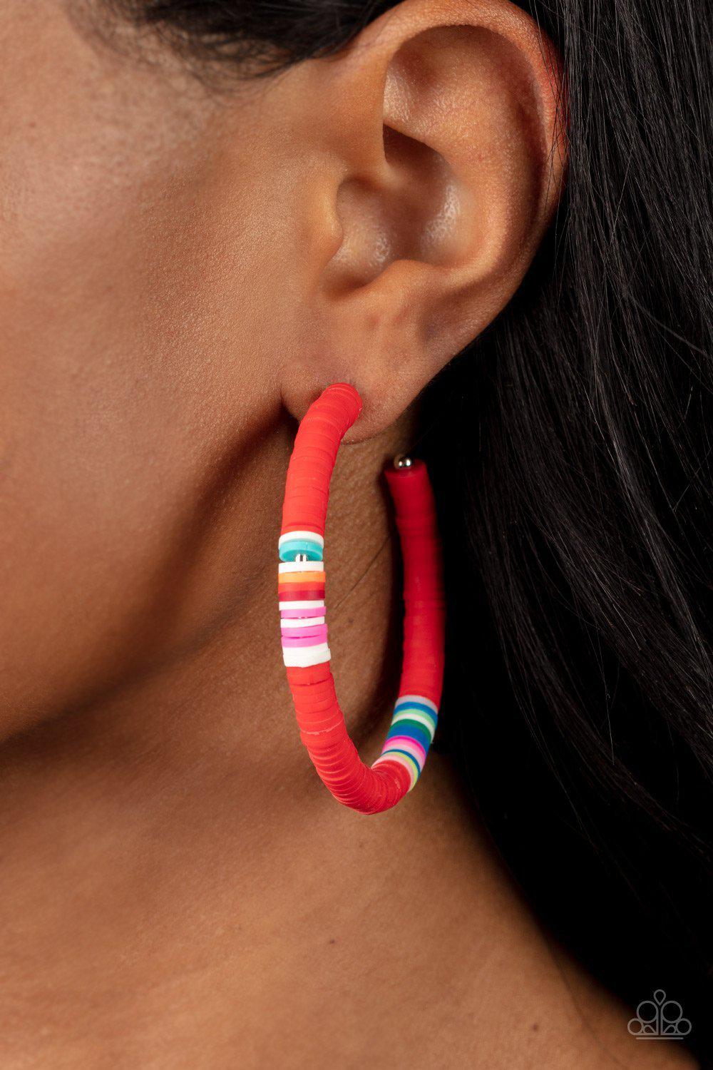Colorfully Contagious Red Hoop Earrings - Paparazzi Accessories - model -CarasShop.com - $5 Jewelry by Cara Jewels