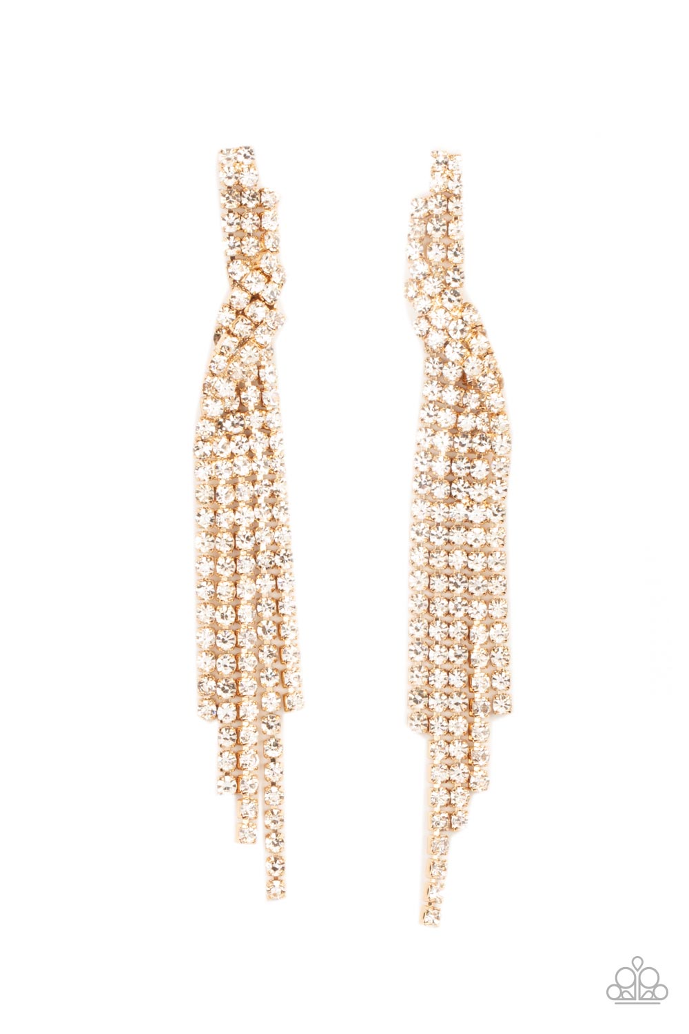 Cosmic Candescence Gold and White Rhinestone Earrings - Paparazzi Accessories Life of the Party Exclusive November 2021 - lightbox -CarasShop.com - $5 Jewelry by Cara Jewels