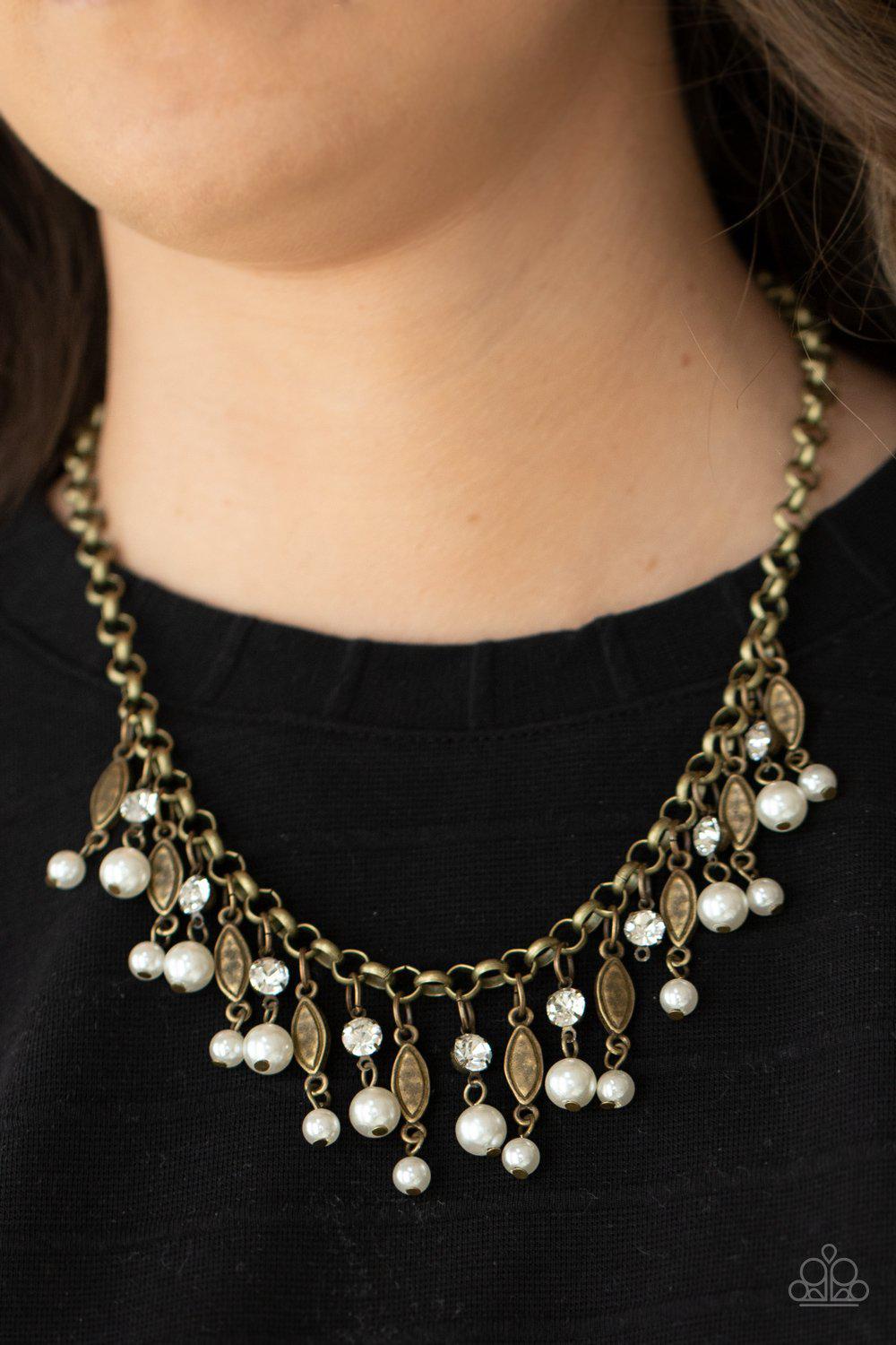 Cosmopolitan Couture Brass and White Pearl and Rhinestone Necklace - Paparazzi Accessories- lightbox - CarasShop.com - $5 Jewelry by Cara Jewels