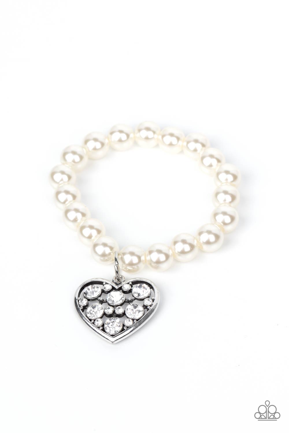 Cutely Crushing White Pearl and Rhinestone Heart Bracelet - Paparazzi Accessories - lightbox -CarasShop.com - $5 Jewelry by Cara Jewels