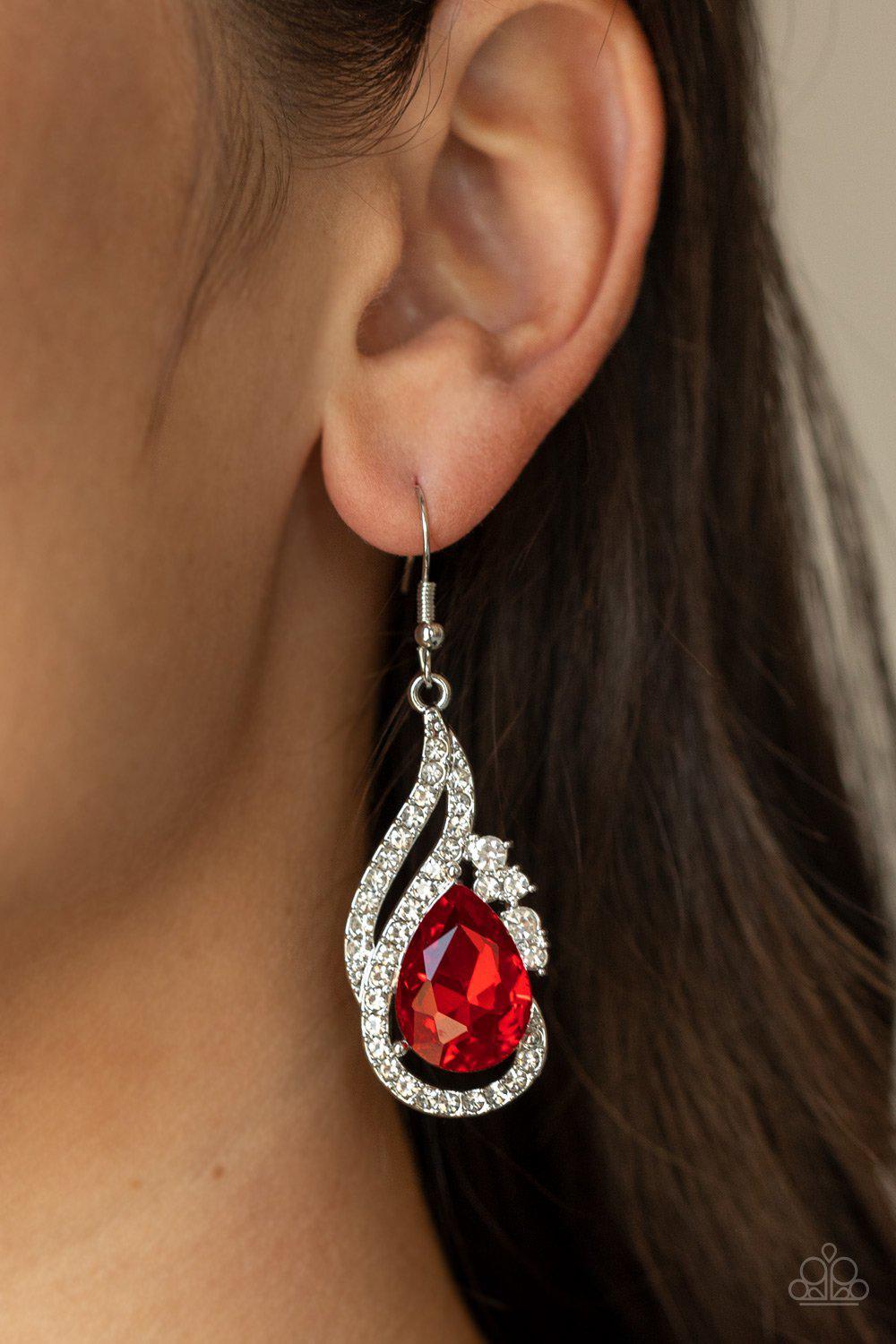 Dancefloor Diva Red and White Rhinestone Earrings - Paparazzi Accessories - model -CarasShop.com - $5 Jewelry by Cara Jewels