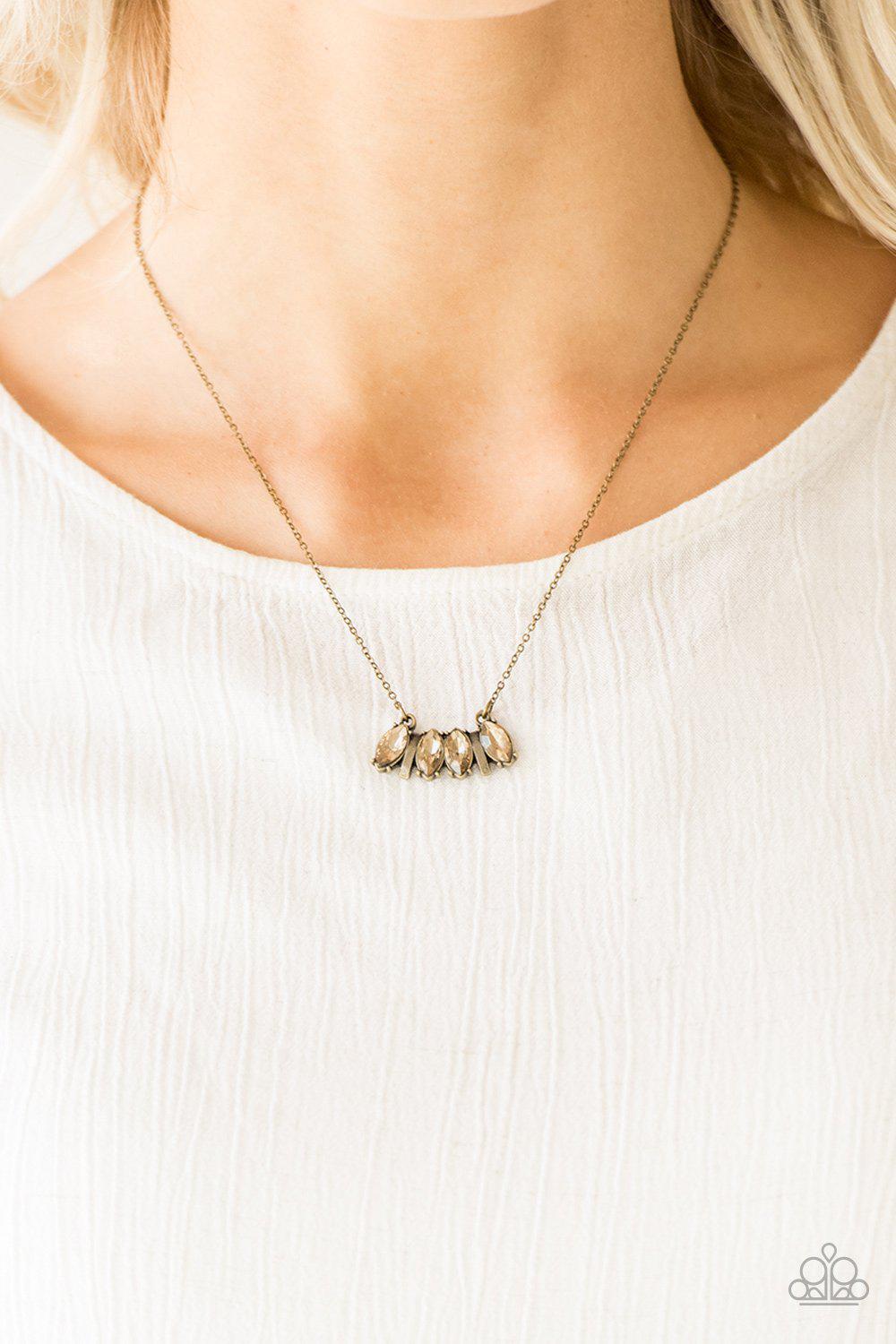 Deco Decadence Brass Necklace - Paparazzi Accessories- model - CarasShop.com - $5 Jewelry by Cara Jewels