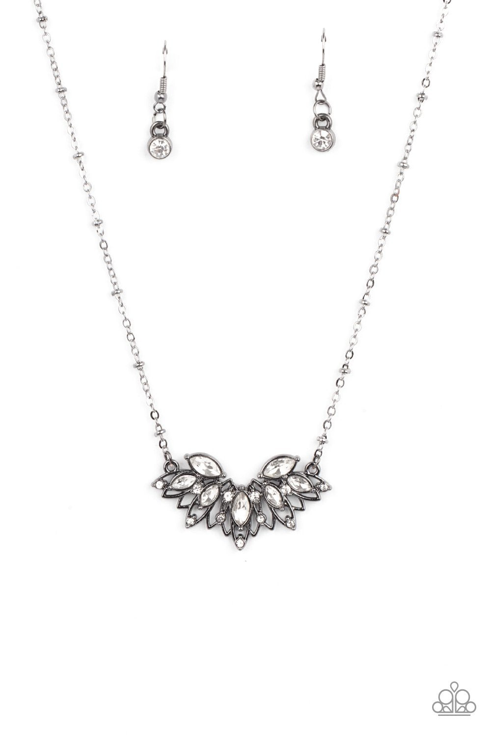 Deluxe Diadem Gunmetal Black and White Rhinestone Necklace - Paparazzi Accessories- lightbox - CarasShop.com - $5 Jewelry by Cara Jewels
