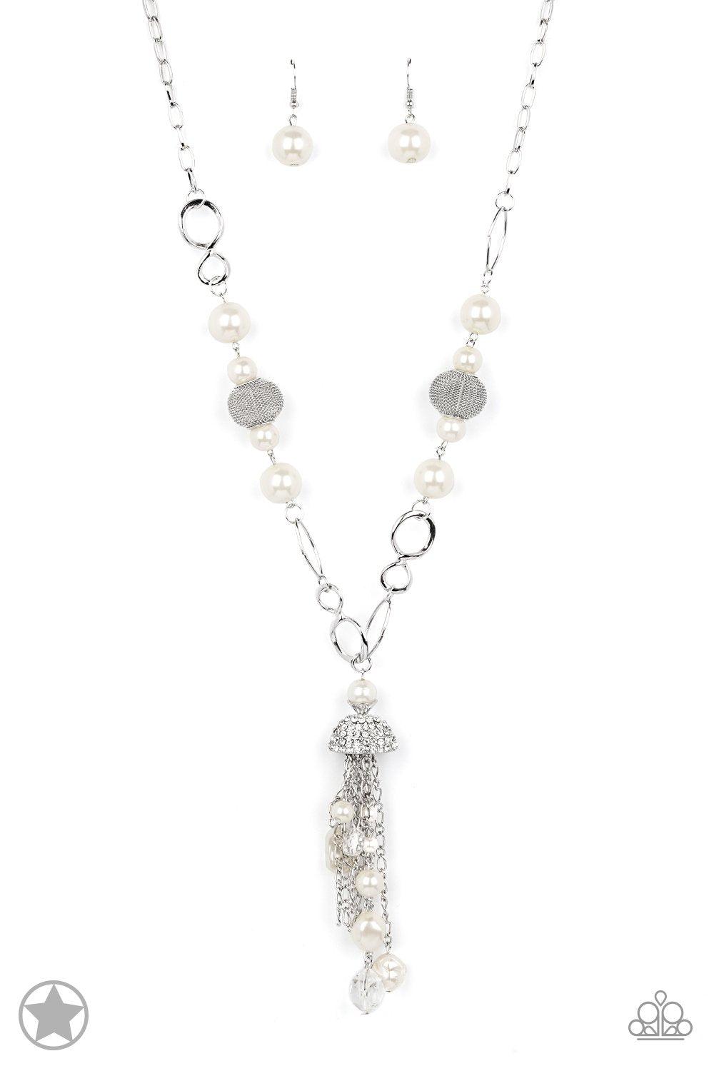 Designated Diva Long White Tassel Necklace and matching Earrings - Paparazzi Accessories - lightbox -CarasShop.com - $5 Jewelry by Cara Jewels