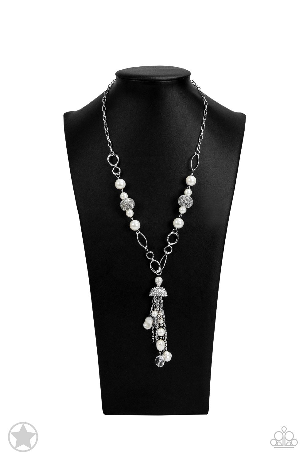 Designated Diva Long White Tassel Necklace and matching Earrings - Paparazzi Accessories- on bust -CarasShop.com - $5 Jewelry by Cara Jewels