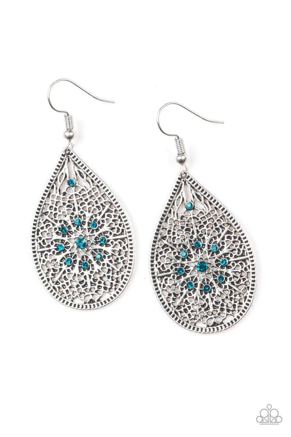 Dinner Party Posh Blue Rhinestone and Silver Filigree Earrings - Paparazzi Accessories- lightbox - CarasShop.com - $5 Jewelry by Cara Jewels