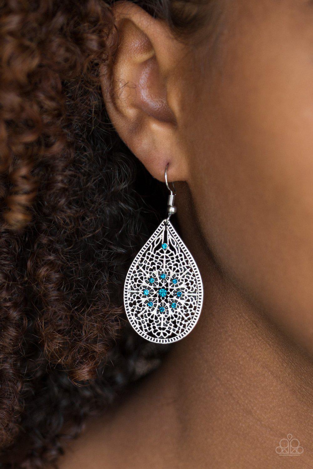 Dinner Party Posh Blue Rhinestone and Silver Filigree Earrings - Paparazzi Accessories- lightbox - CarasShop.com - $5 Jewelry by Cara Jewels