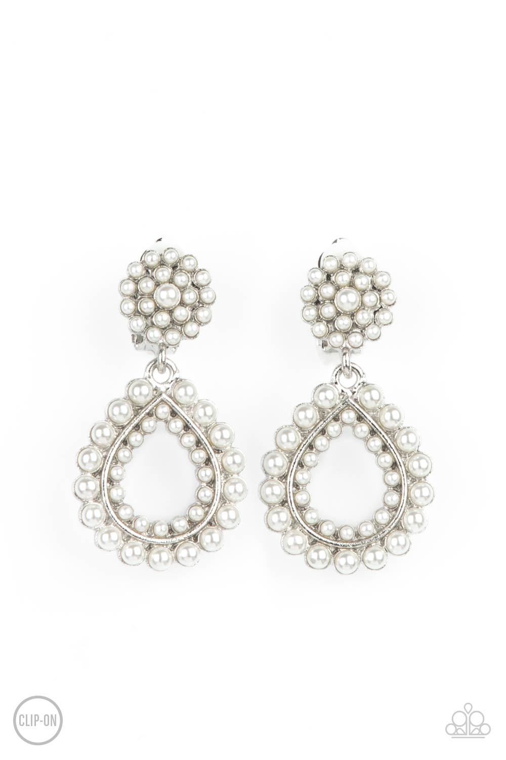 Discerning Droplets White Pearl Clip-On Earrings - Paparazzi Accessories- lightbox - CarasShop.com - $5 Jewelry by Cara Jewels