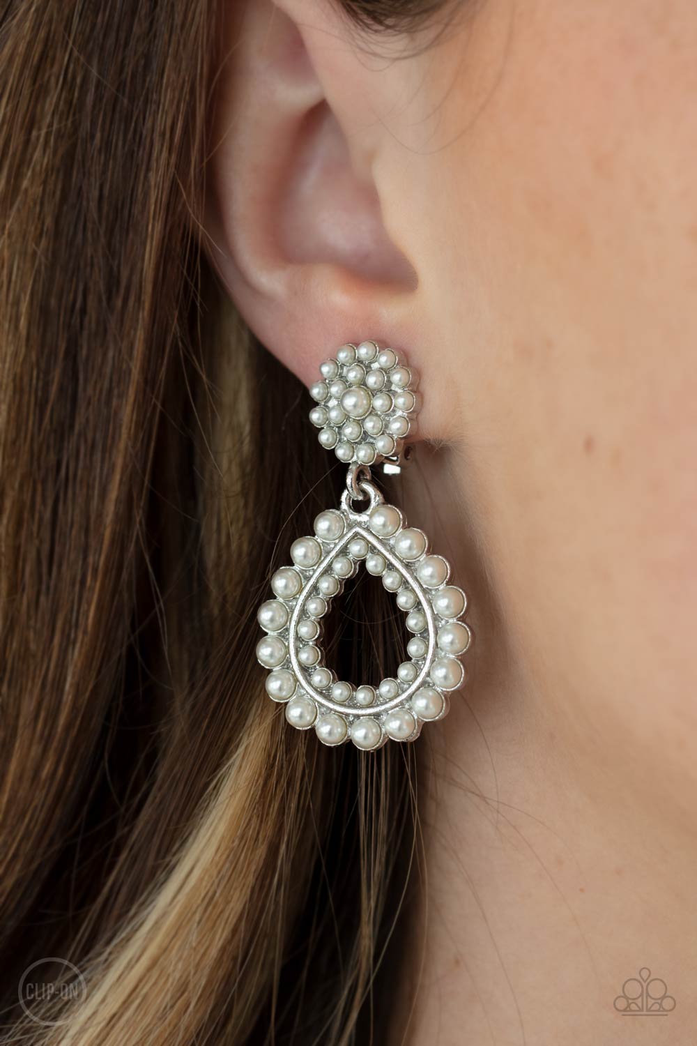 Discerning Droplets White Pearl Clip-On Earrings - Paparazzi Accessories- lightbox - CarasShop.com - $5 Jewelry by Cara Jewels