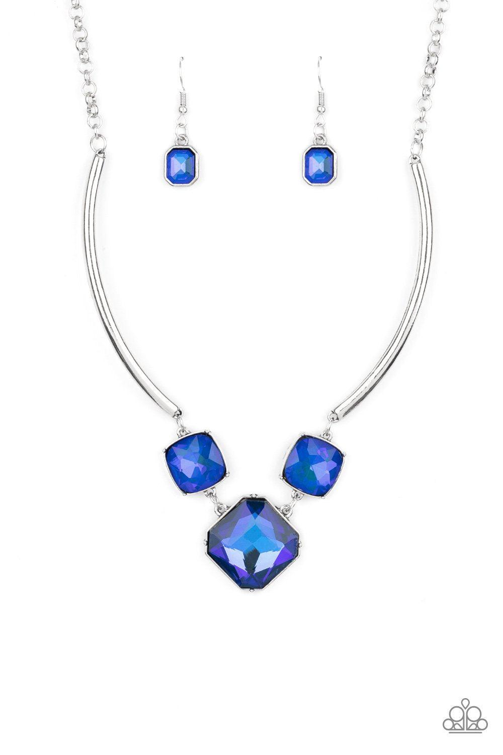 Divine IRIDESCENCE Blue Rhinestone Necklace - Paparazzi Accessories Life of the Party Exclusive October 2021- lightbox - CarasShop.com - $5 Jewelry by Cara Jewels