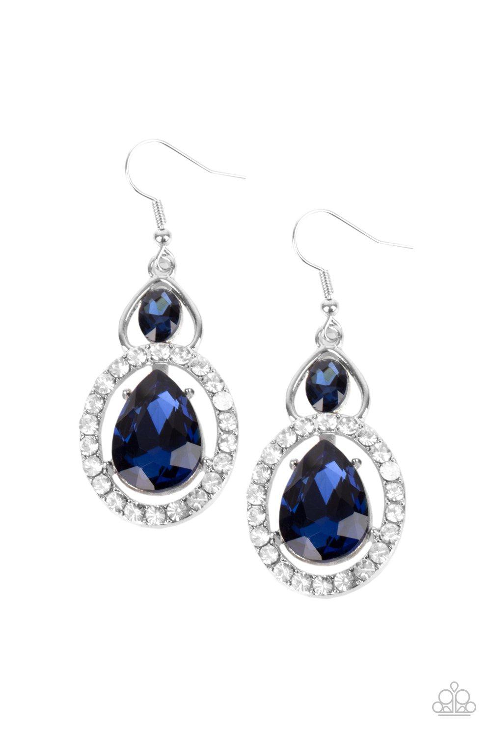 Double The Drama Blue and White Rhinestone Earrings - Paparazzi Accessories- lightbox - CarasShop.com - $5 Jewelry by Cara Jewels
