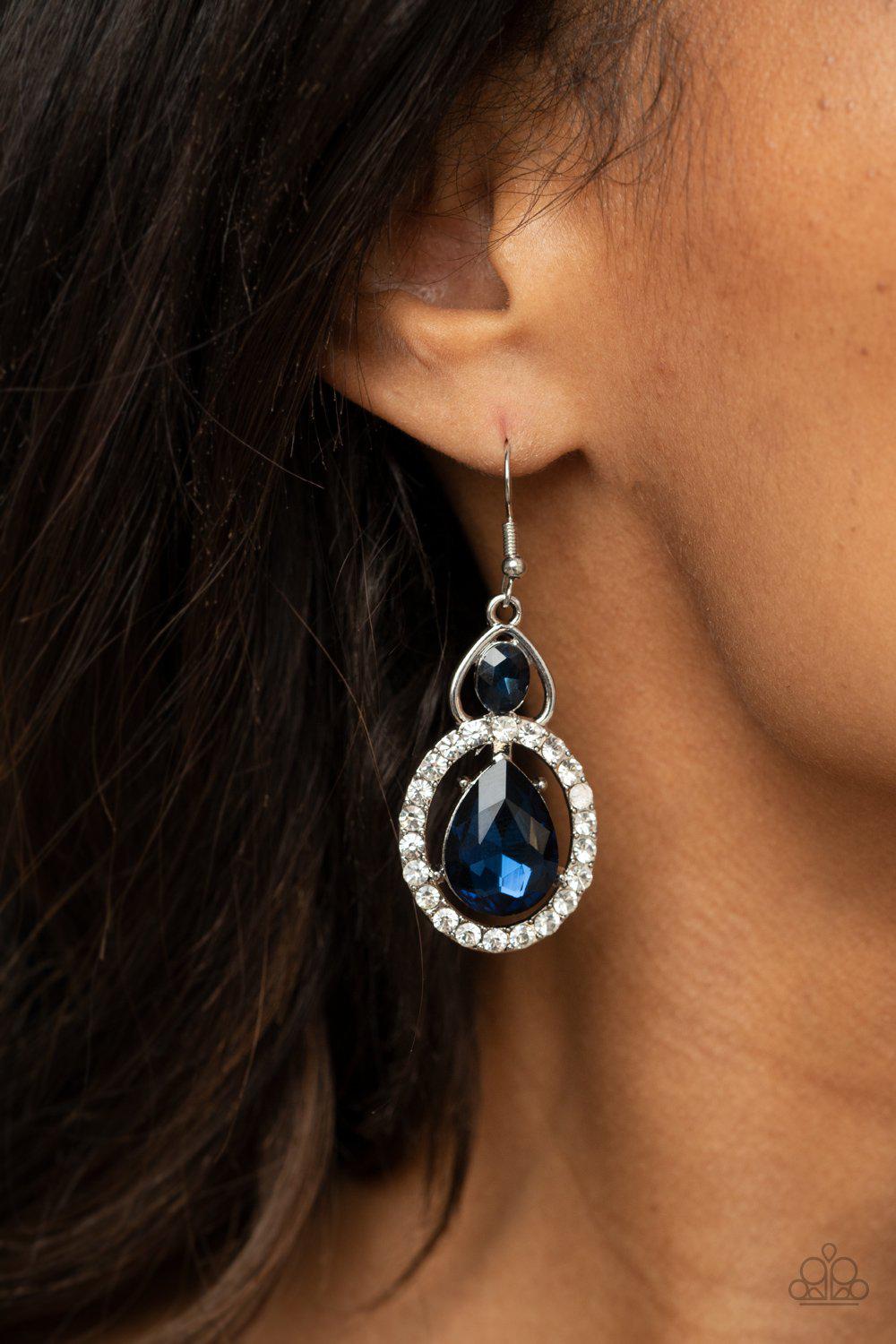Double The Drama Blue and White Rhinestone Earrings - Paparazzi Accessories- model - CarasShop.com - $5 Jewelry by Cara Jewels