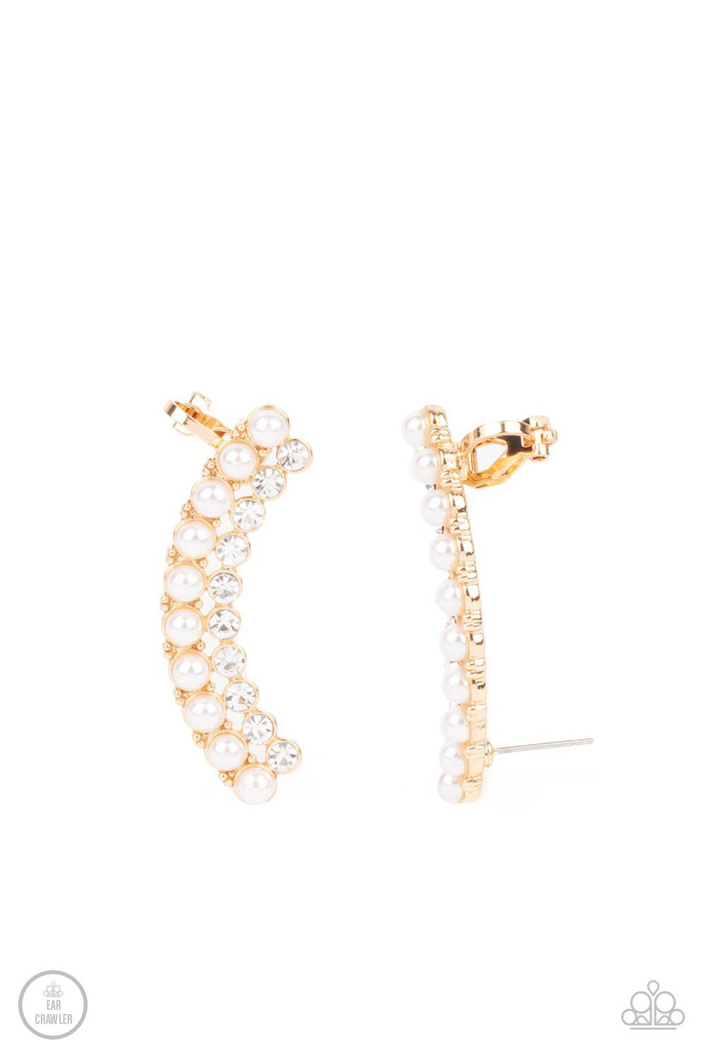 Doubled Down On Dazzle Gold and White Pearl Ear Crawler Earrings - Paparazzi Accessories- lightbox - CarasShop.com - $5 Jewelry by Cara Jewels