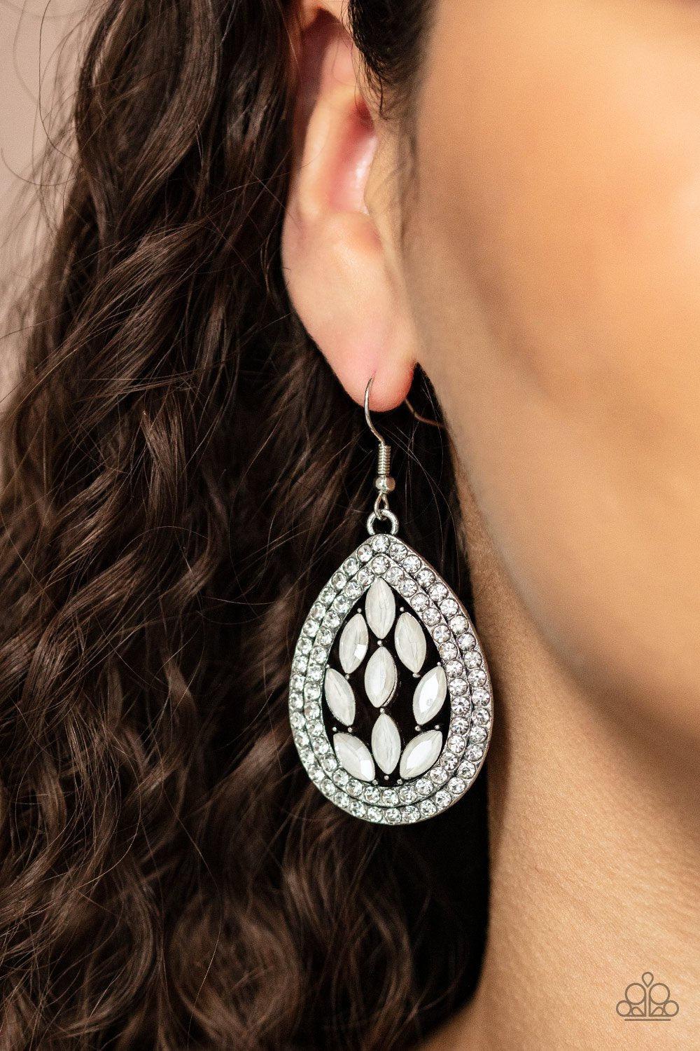 Encased Elegance Iridescent White Rhinestone Earrings - Paparazzi Accessories- model - CarasShop.com - $5 Jewelry by Cara Jewels