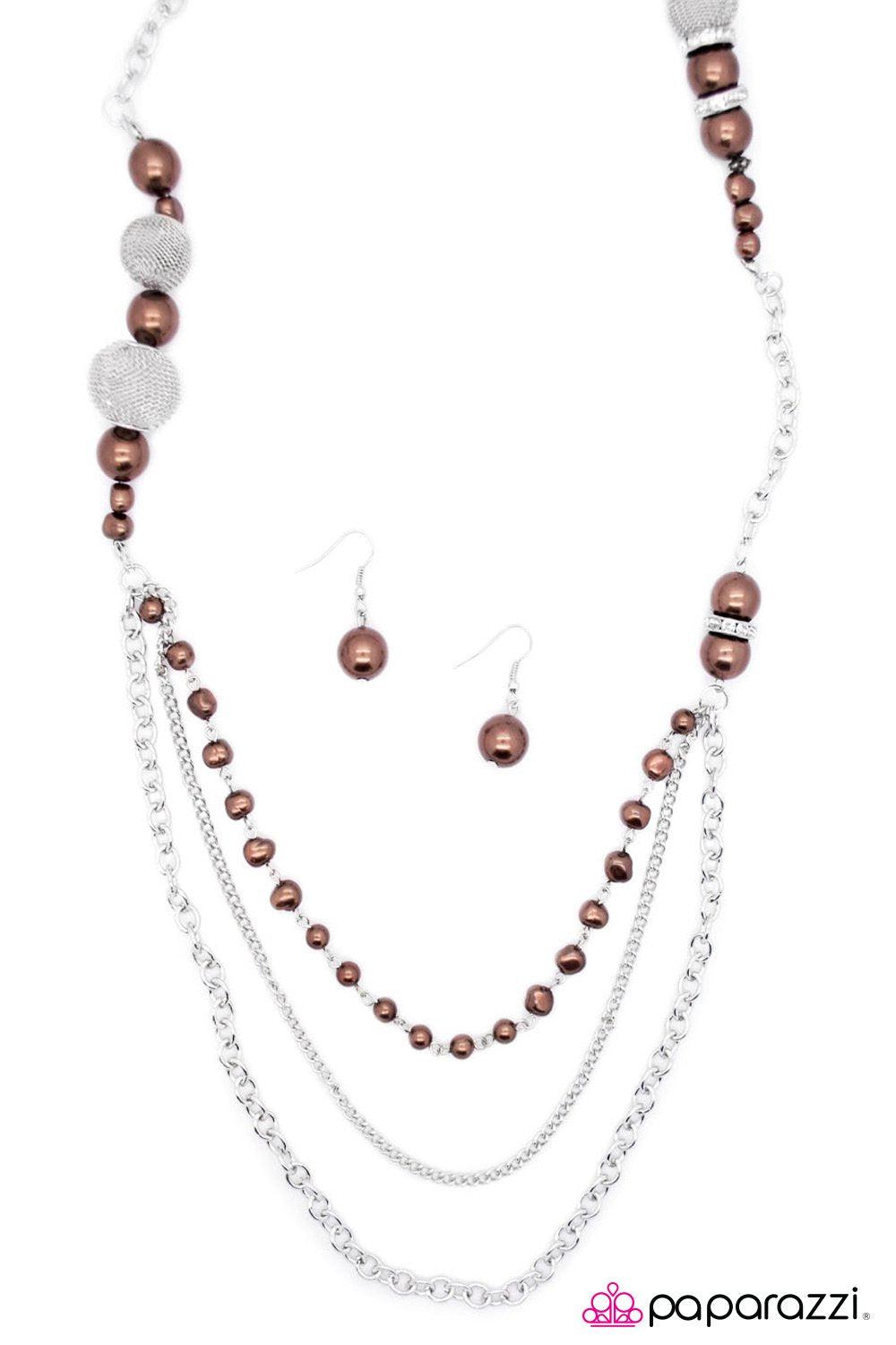 Enmeshed in Elegance Long Brown and Silver Necklace and matching Earrings - Paparazzi Accessories - lightbox -CarasShop.com - $5 Jewelry by Cara Jewels