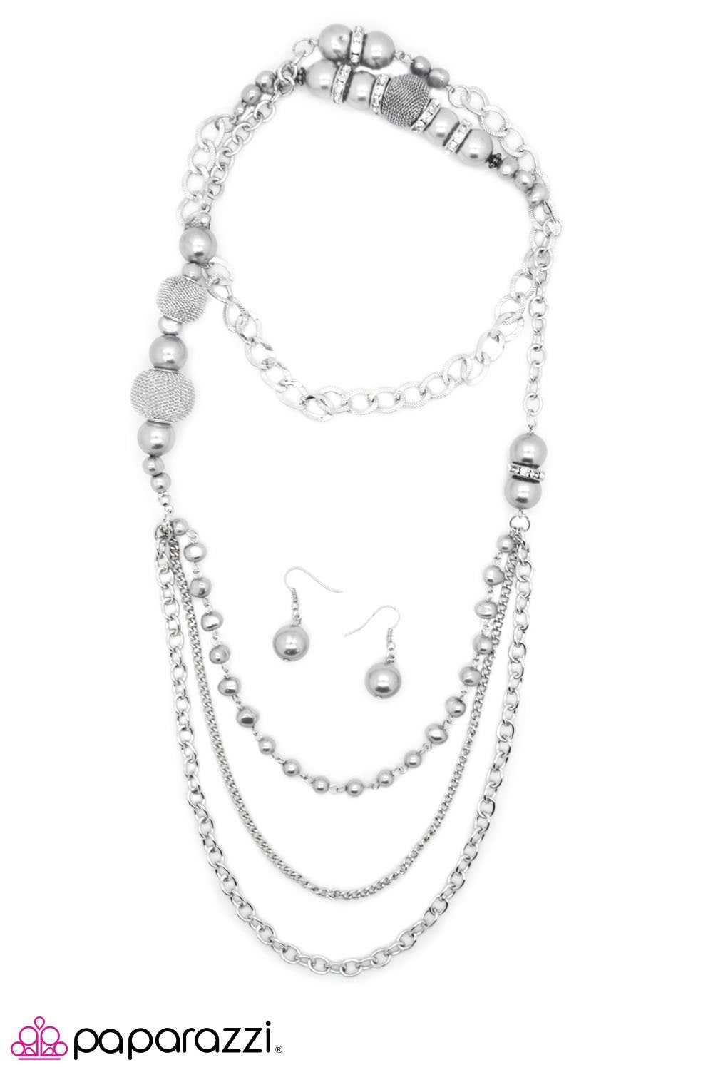 Enmeshed in Elegance Long Silver Necklace and matching Earrings - Paparazzi Accessories - lightbox -CarasShop.com - $5 Jewelry by Cara Jewels